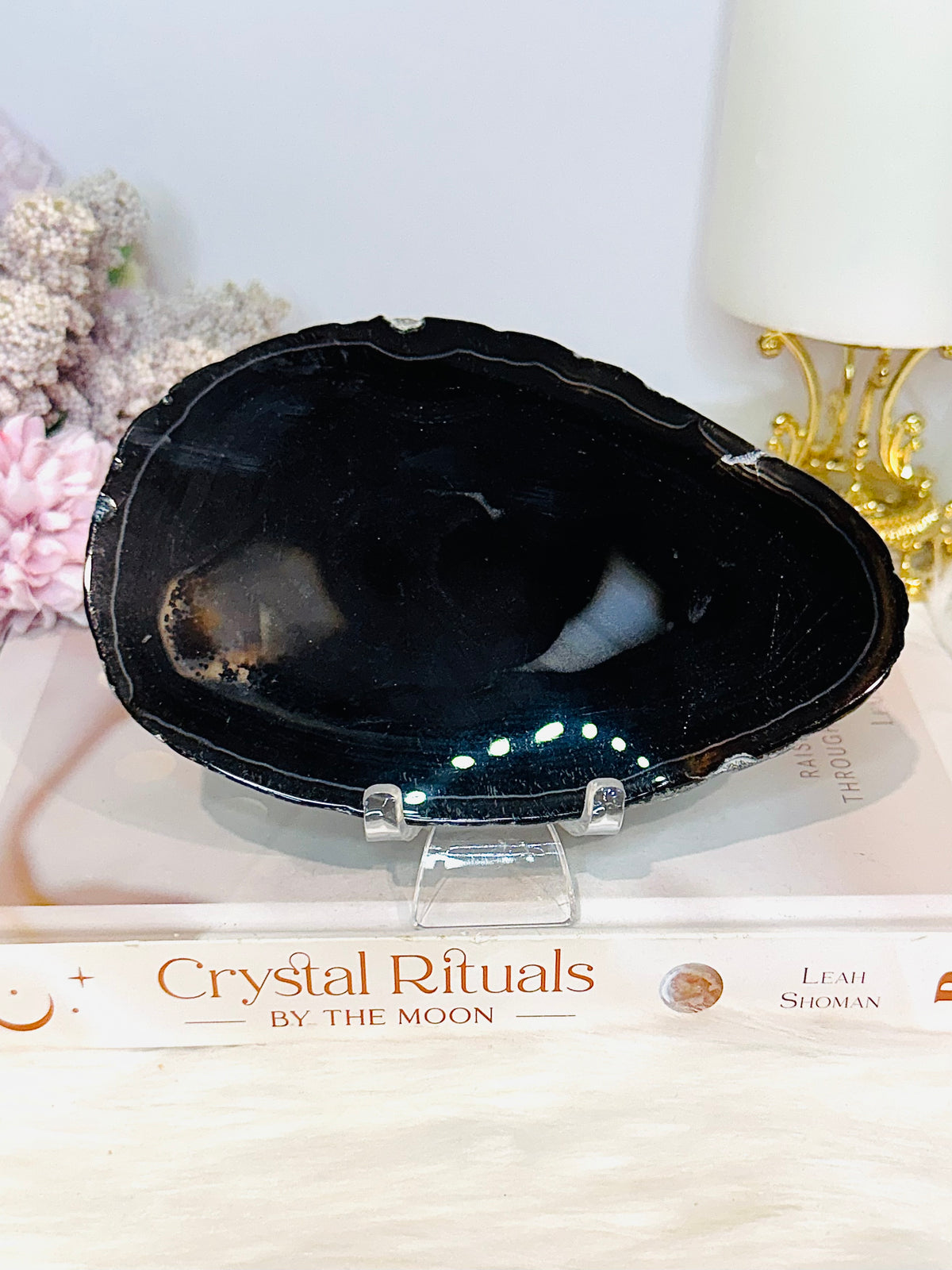 Large Black Agate Slice On Stand 14cm