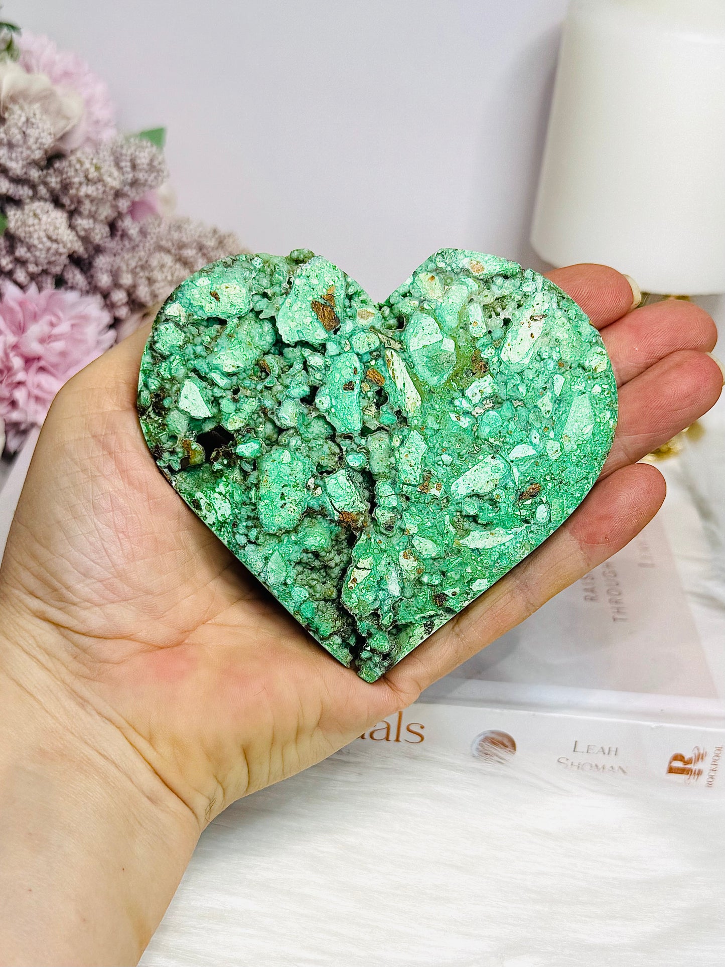 Large Natural Variscite Carved Heart on Stand 9.5cm