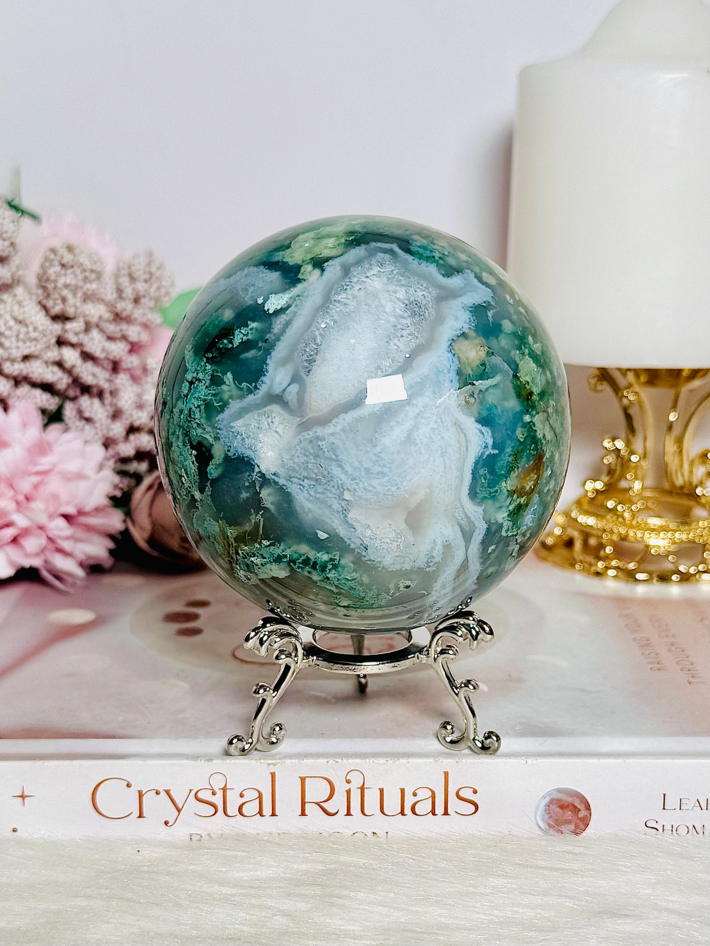 Large Moss Agate Druzy Sphere on Stand 756g