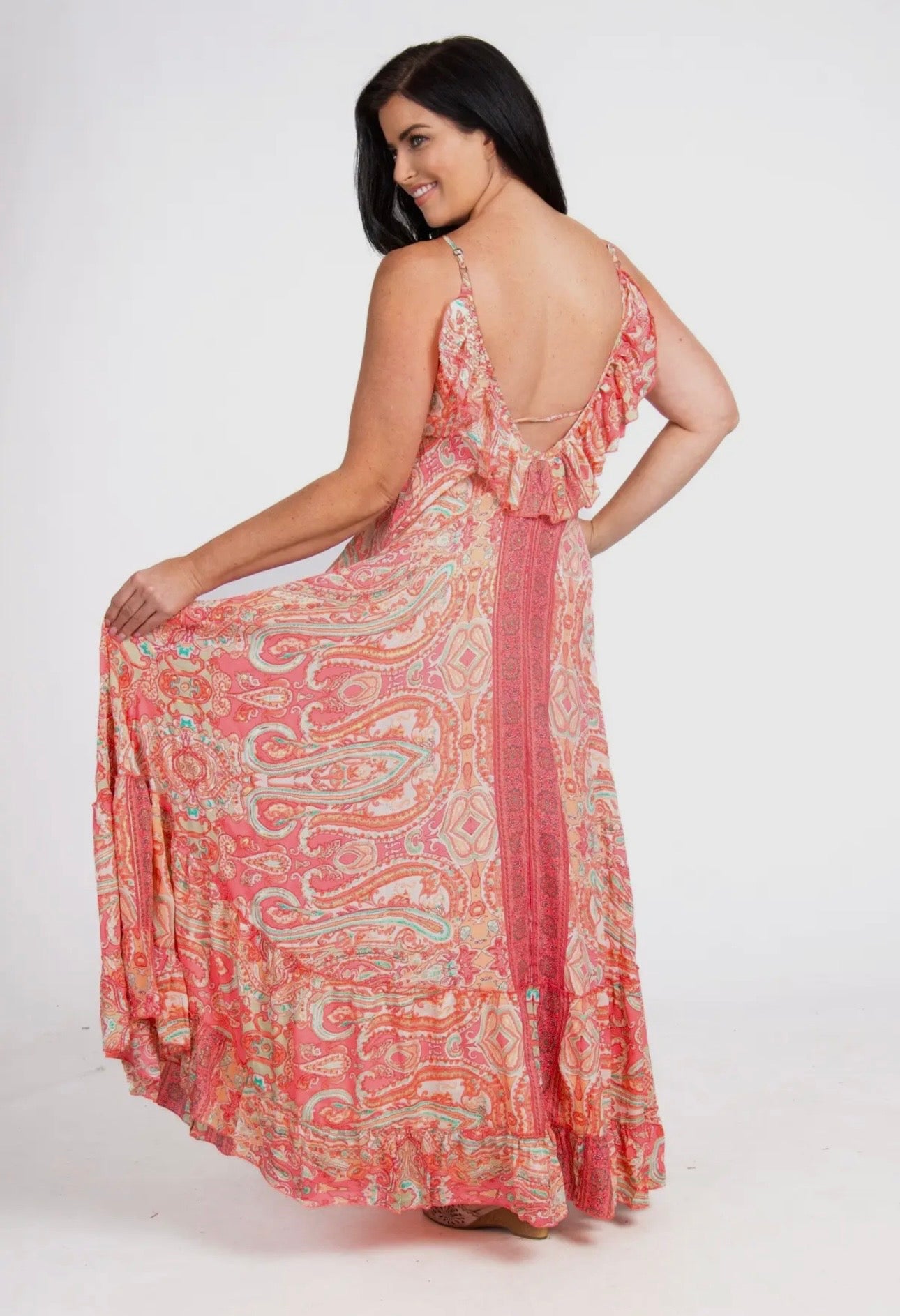 Long Boho Silk Strappy Dress with Frill One Size