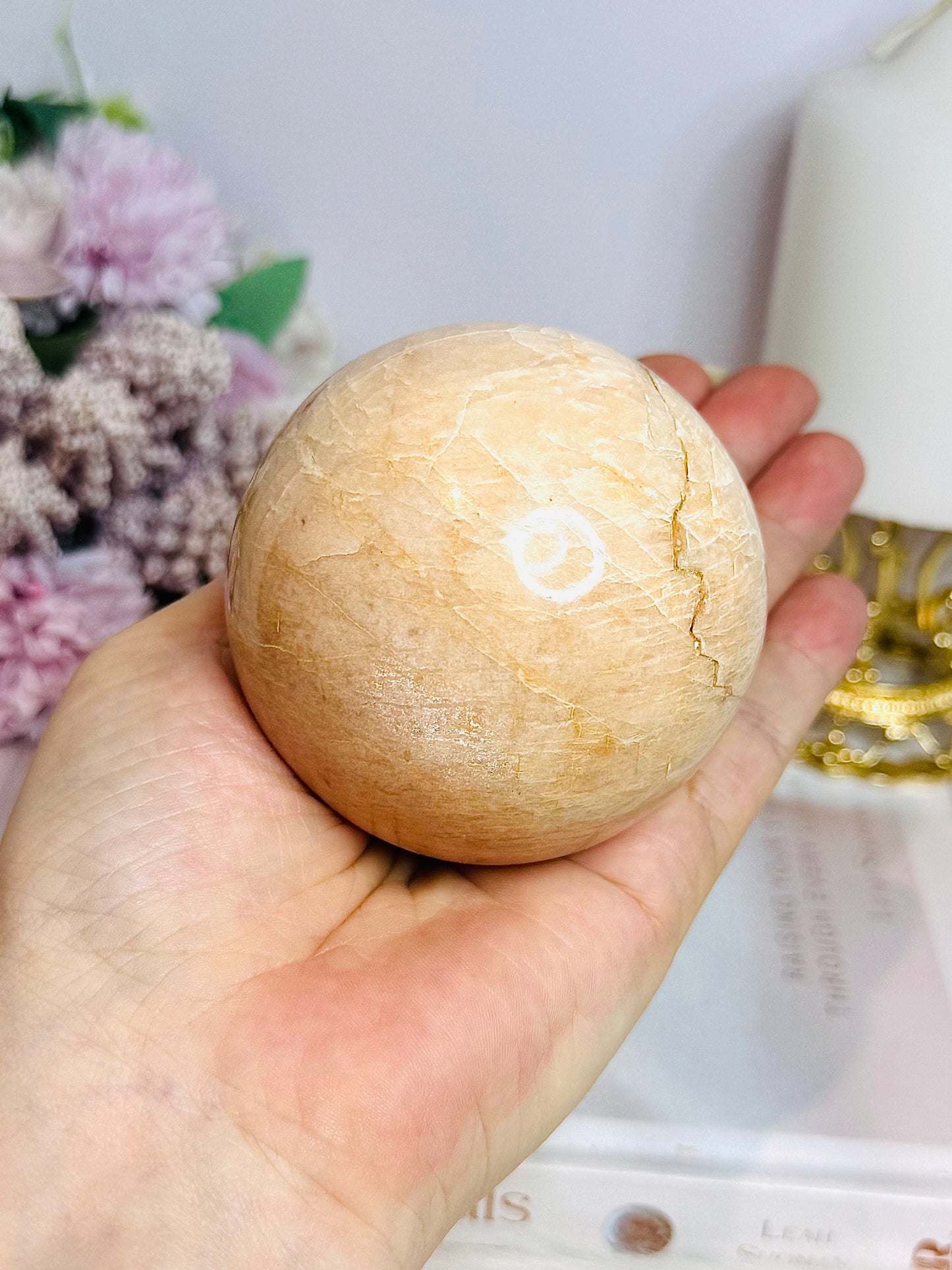 Large Peach Moonstone Sphere on Stand 456g