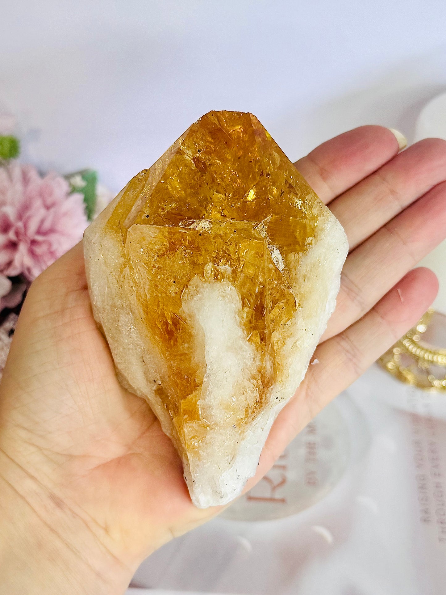 Incredible Large Citrine Freeform Full Of Rainbows On Custom Stand (Heat Treated)