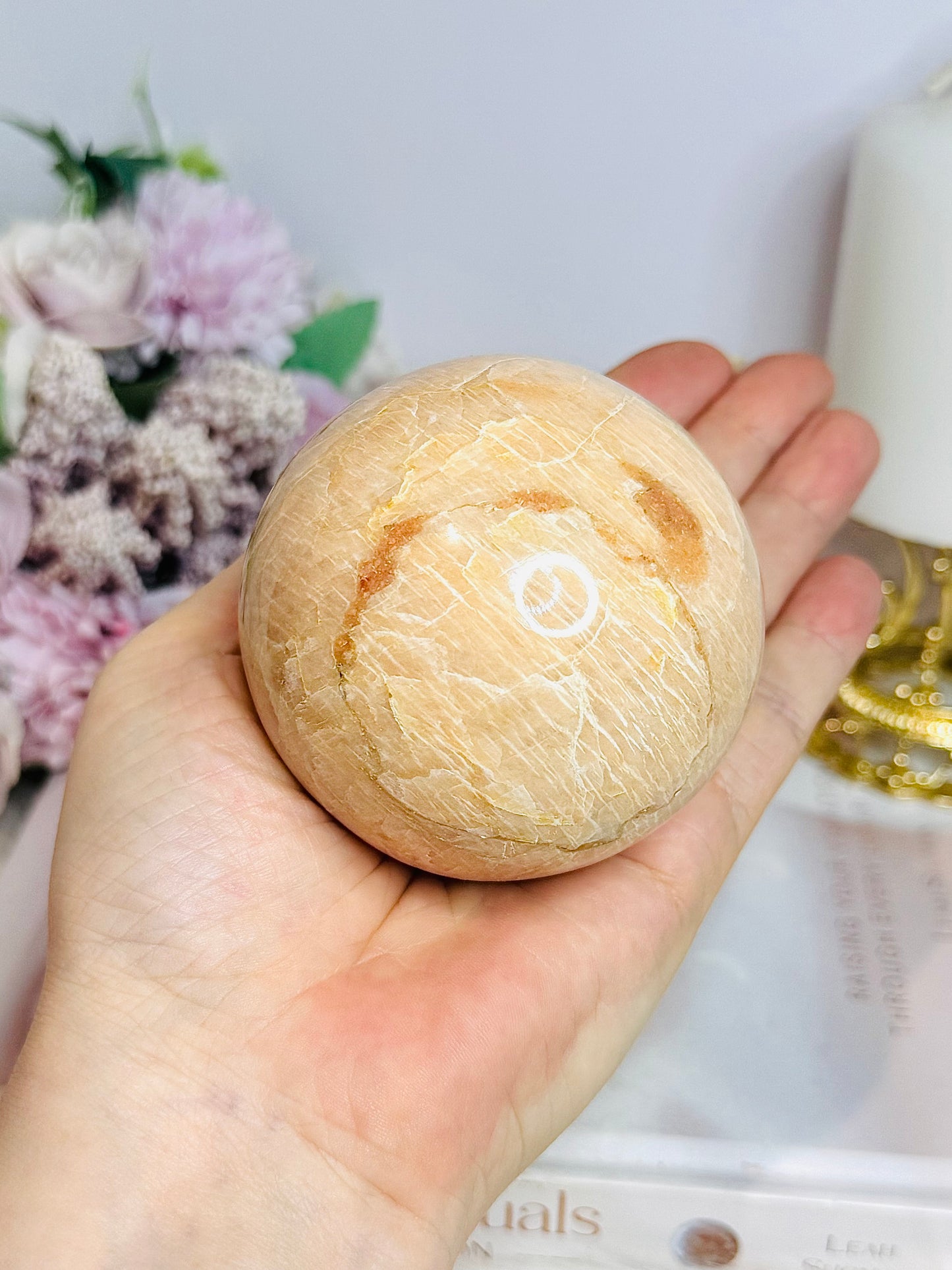 Large Peach Moonstone Sphere on Stand 456g