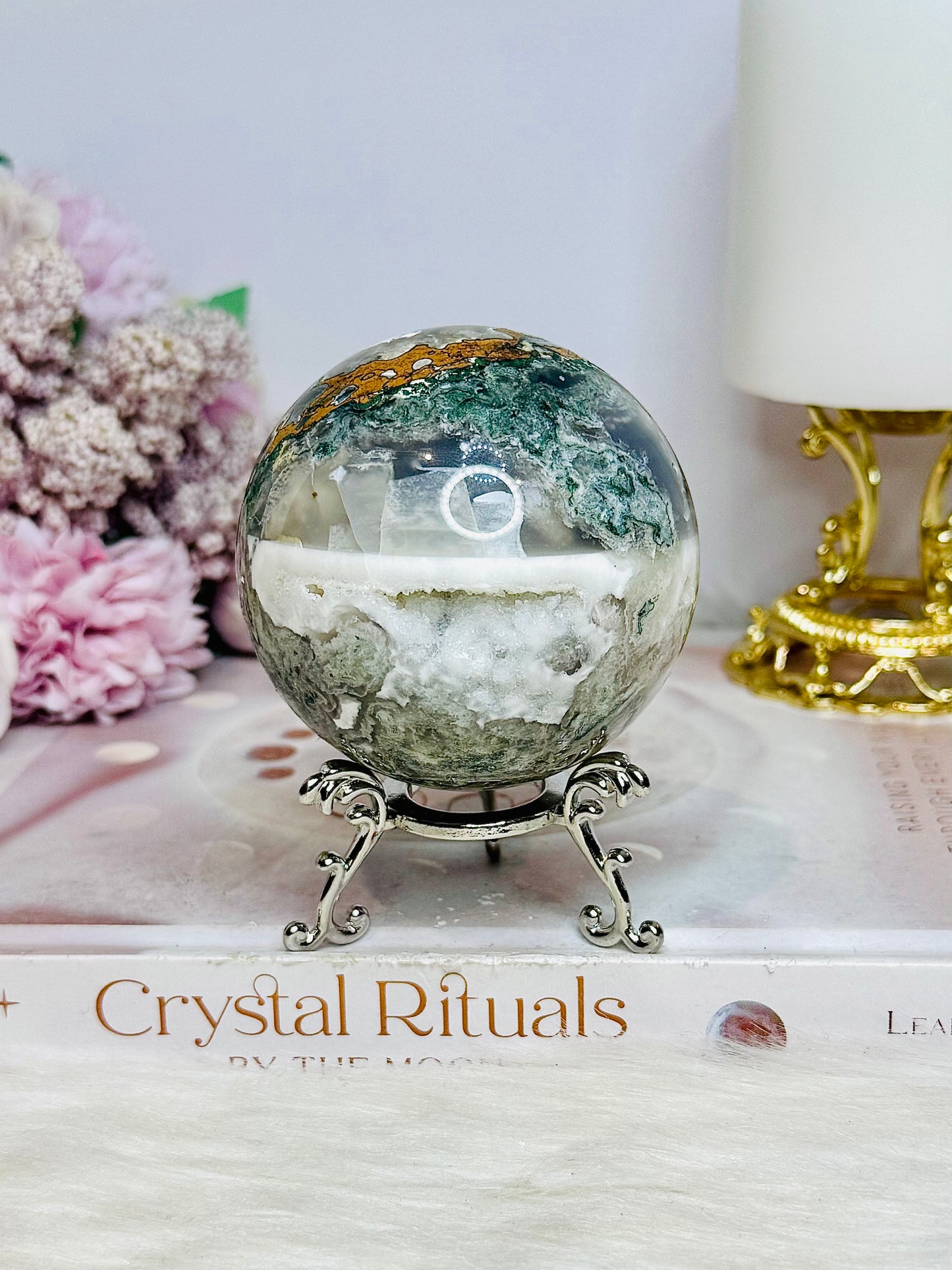 Moss Agate Druzy Sphere On Stand 373g