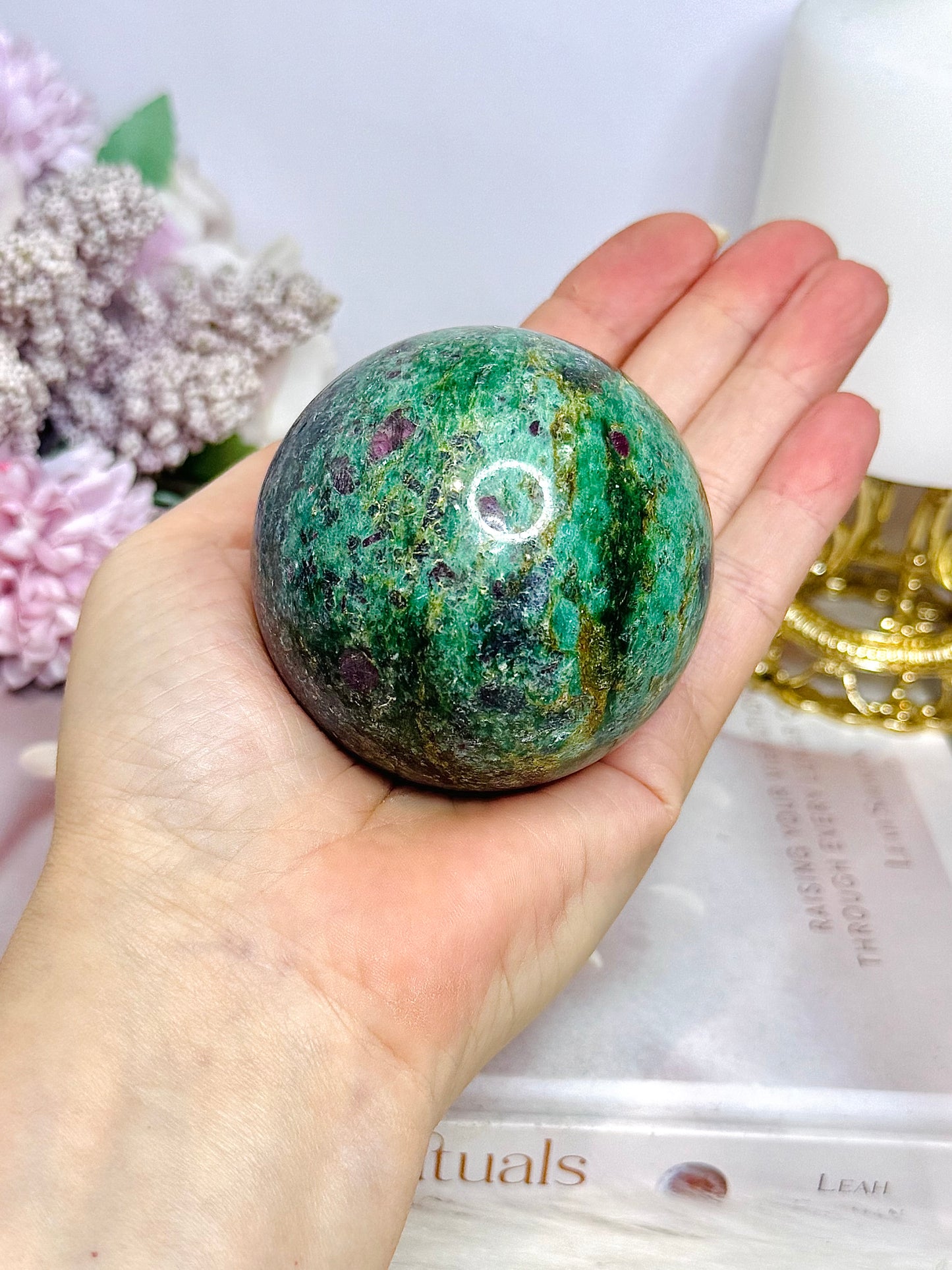Large Ruby Fuchsite Sphere on Stand UV Reactive 422g