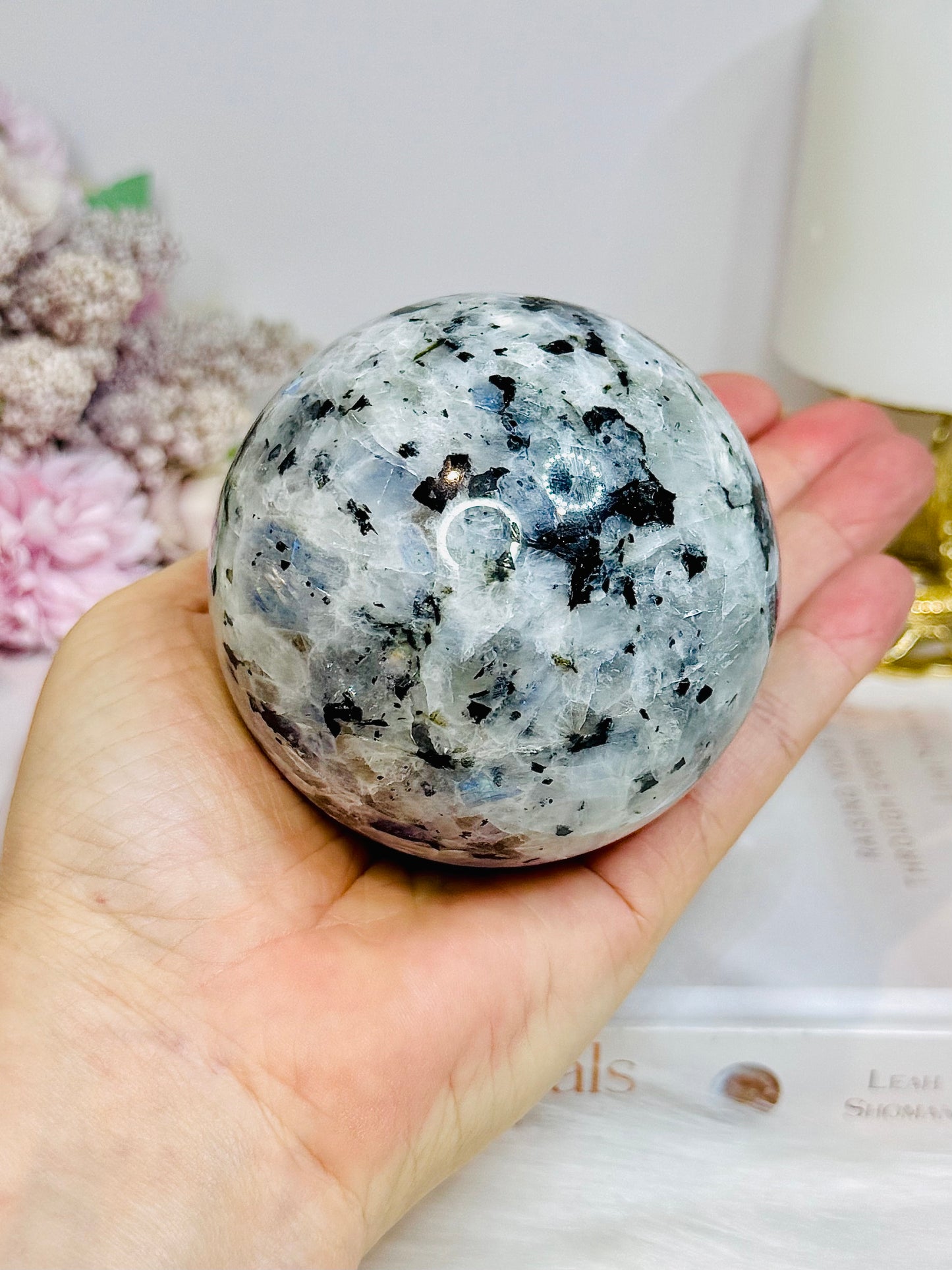 Large Rainbow Moonstone Sphere on Stand with Blue Flash 617g