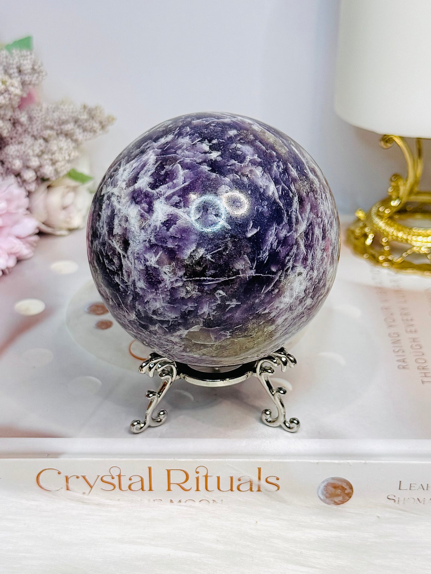 Natural Large Pegmatite | Unicorn Stone (Lepidolite, Pink Tourmaline, Smoky Quartz and Cleavelandite) Sphere on Stand 661g