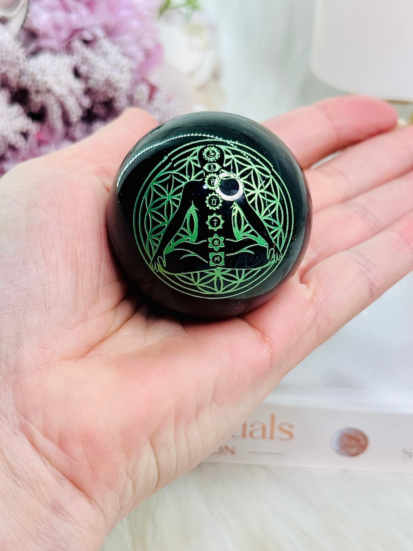 A Protective Stone ~ Wow! Beautiful Black Obsidian Green Chakra Sphere on Stand