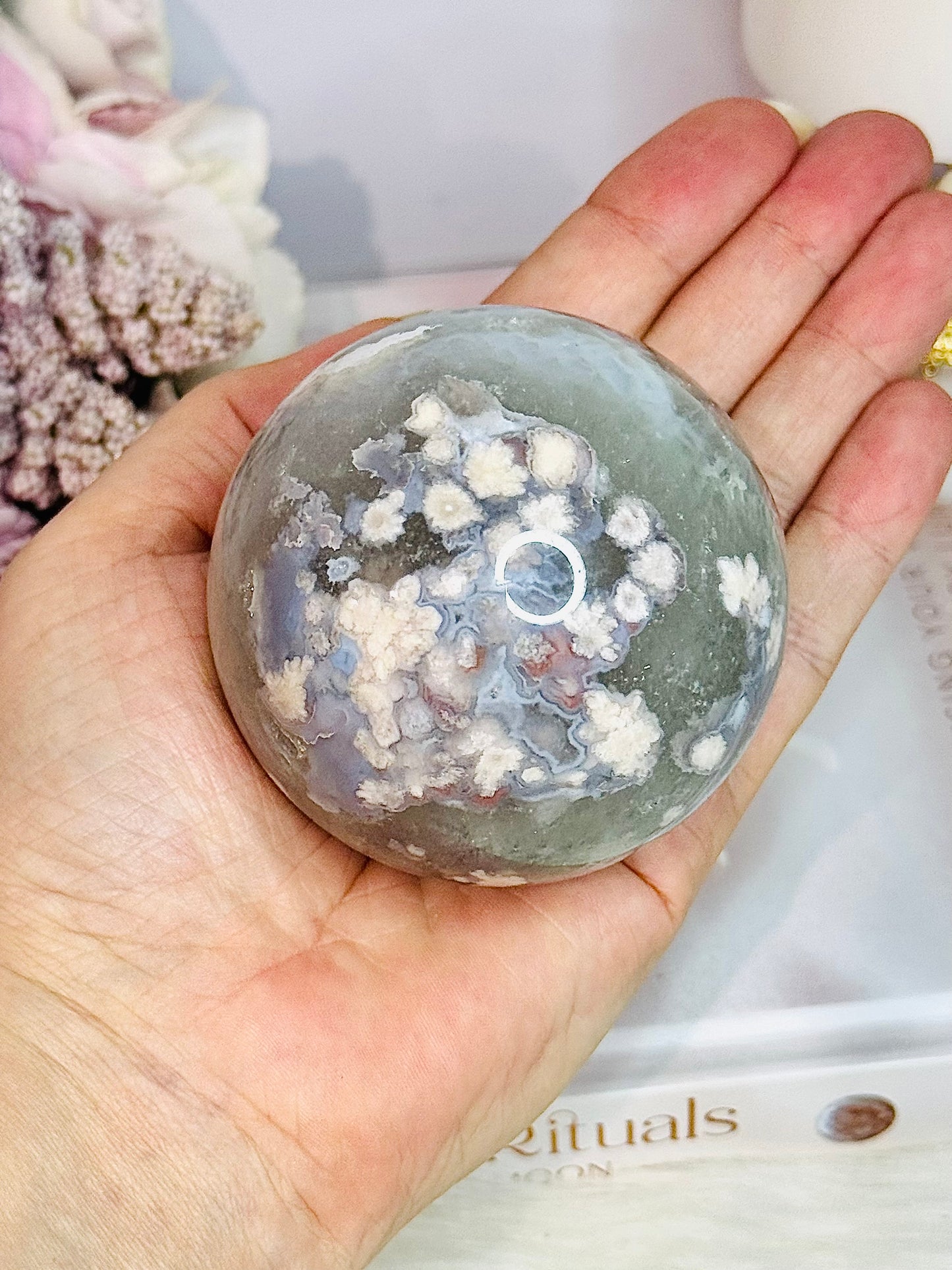 Elegant Green Flower| Blossom Agate Sphere On Stand 289grams