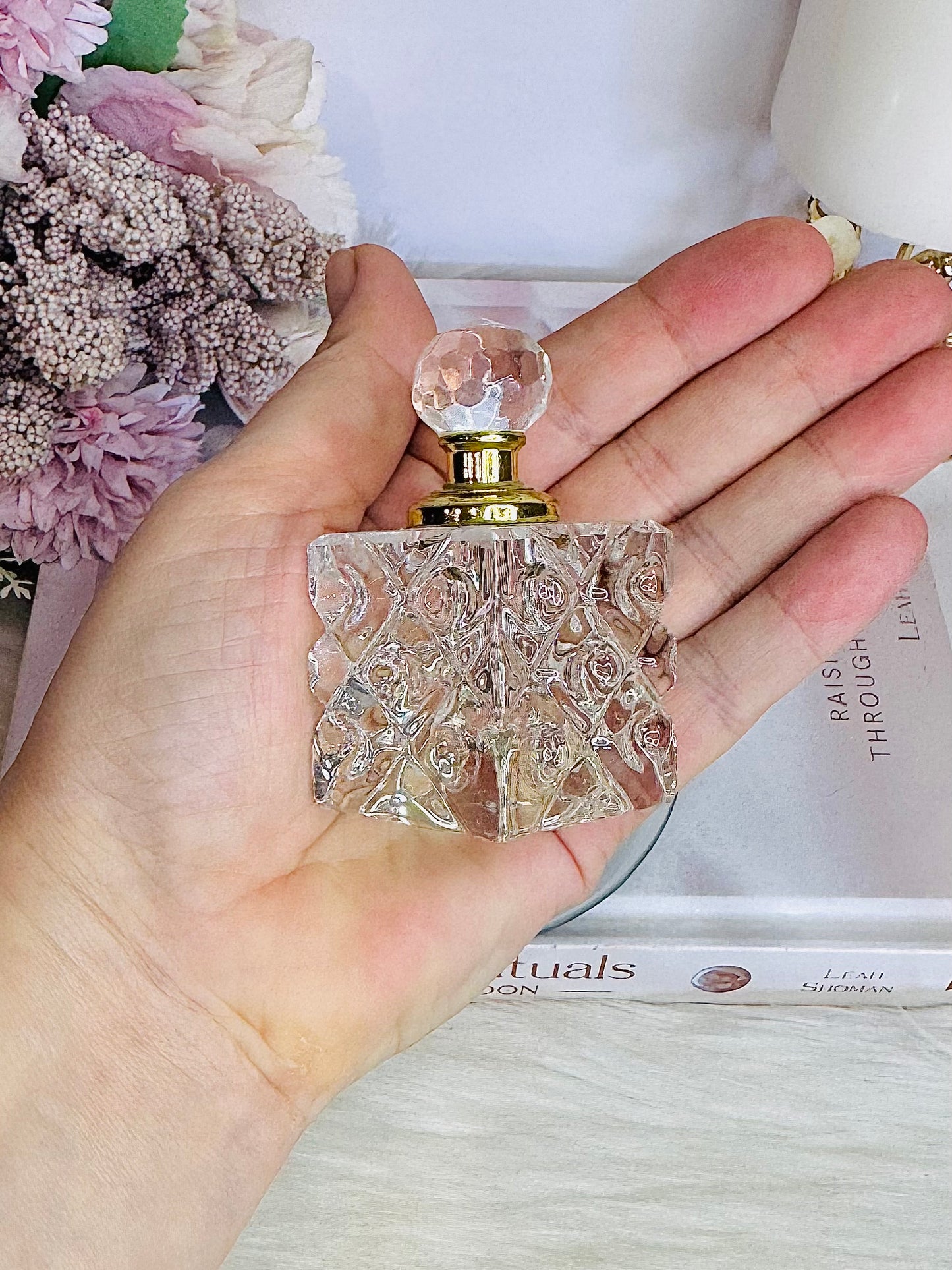 Gift Set ~ Rose Quartz Angel Aura Heart, Glass Perfume Bottle on Mirror Tray 10cm