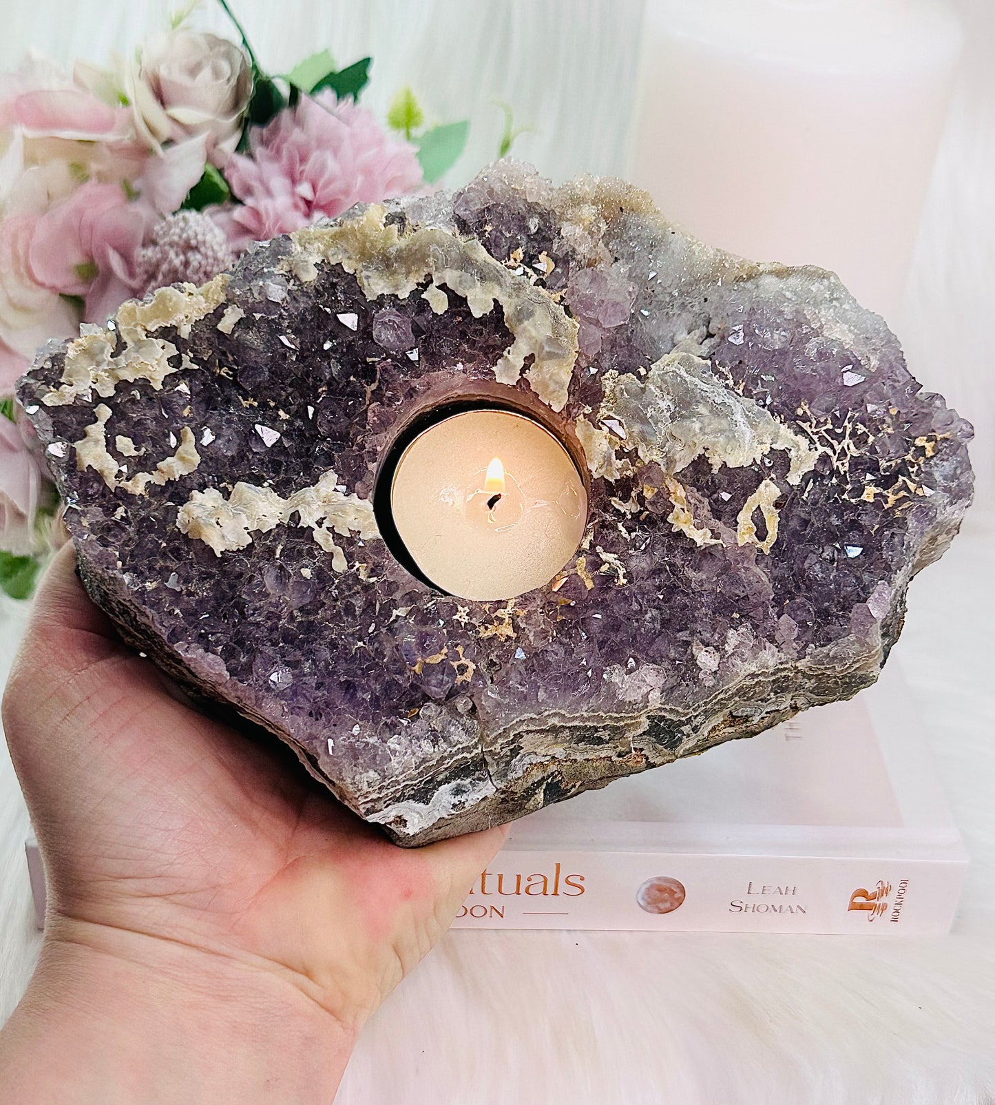 Stunning Large 1.26KG Amethyst Cluster Candle Holder With Gorgeous Calcite Inclusions From Brazil