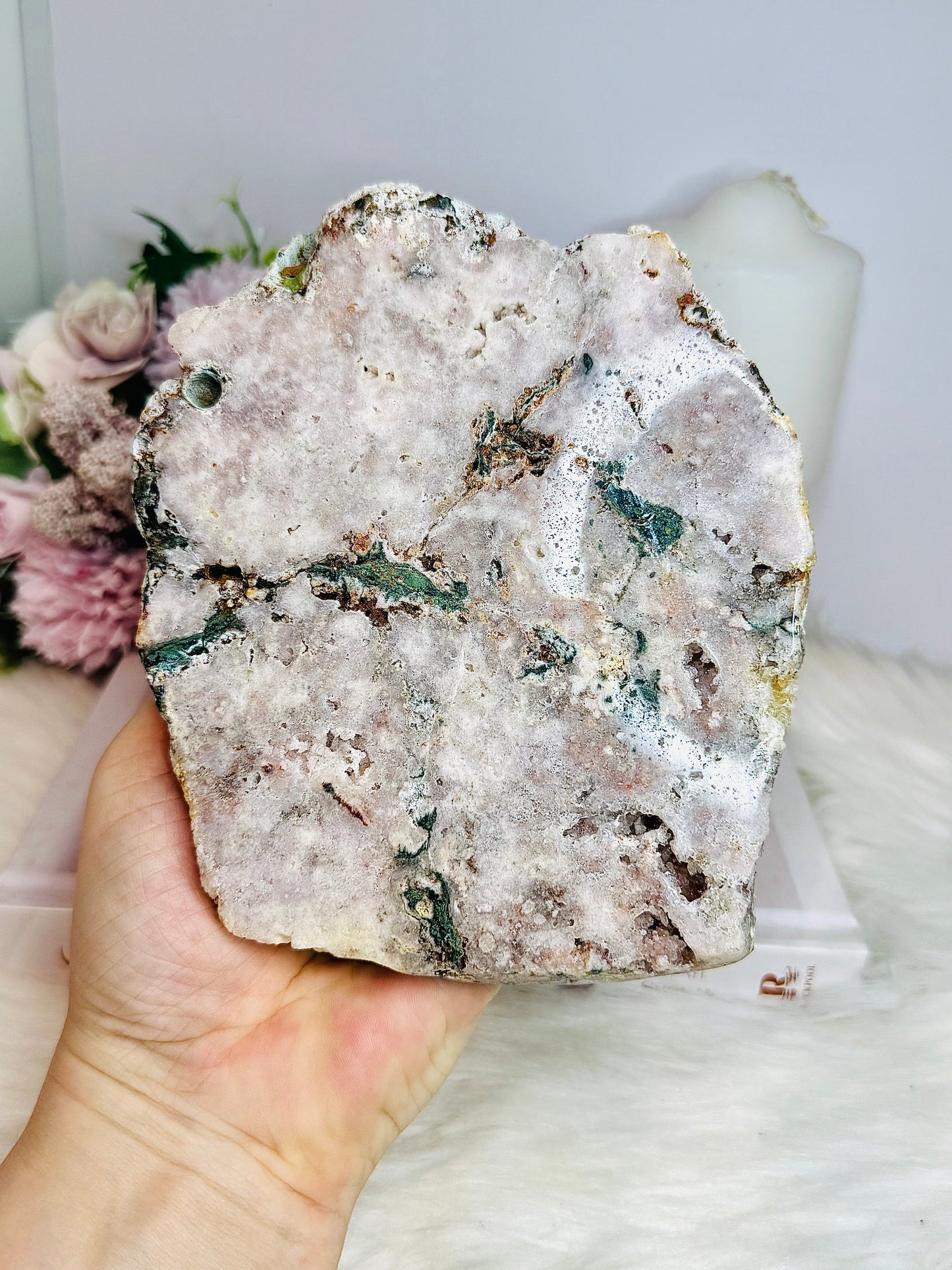 Large Pink Amethyst Natural Slab with Green Jasper Inclusions 16cm 665g