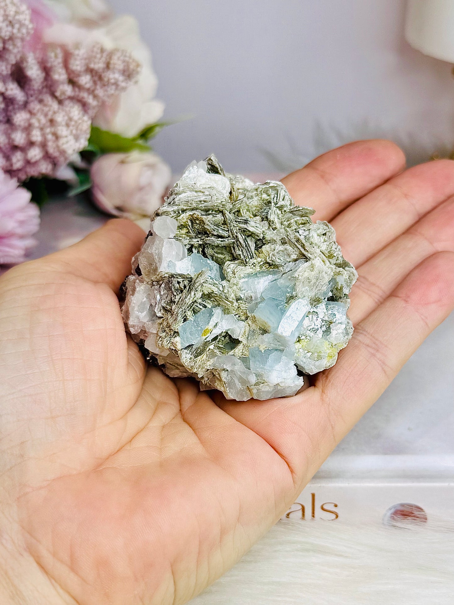 Rare Natural Aquamarine In Mica Specimen on Stand 110g