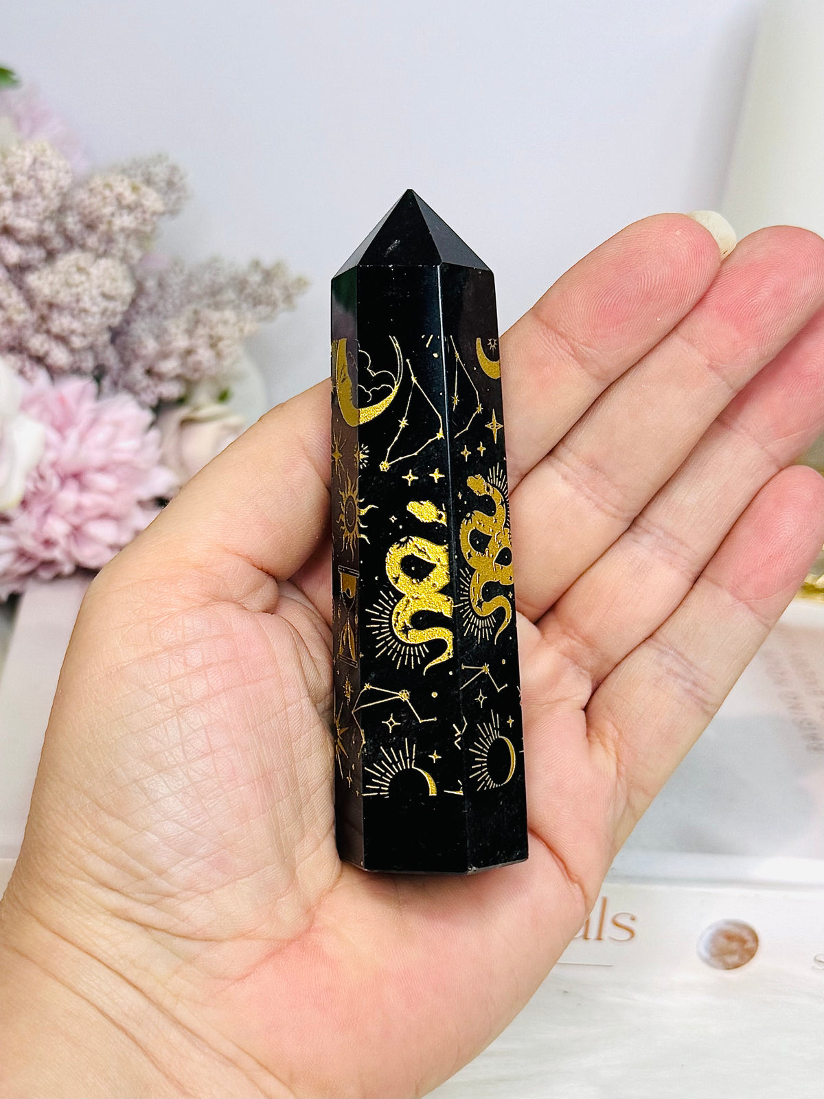 Black Obsidian Gold Sun & Moon Tower 10cm