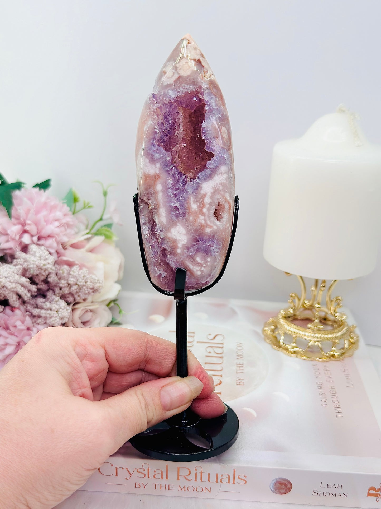 High Grade Rare 19.5cm Druzy Pink Amethyst X Flower Agate Egg on Stand