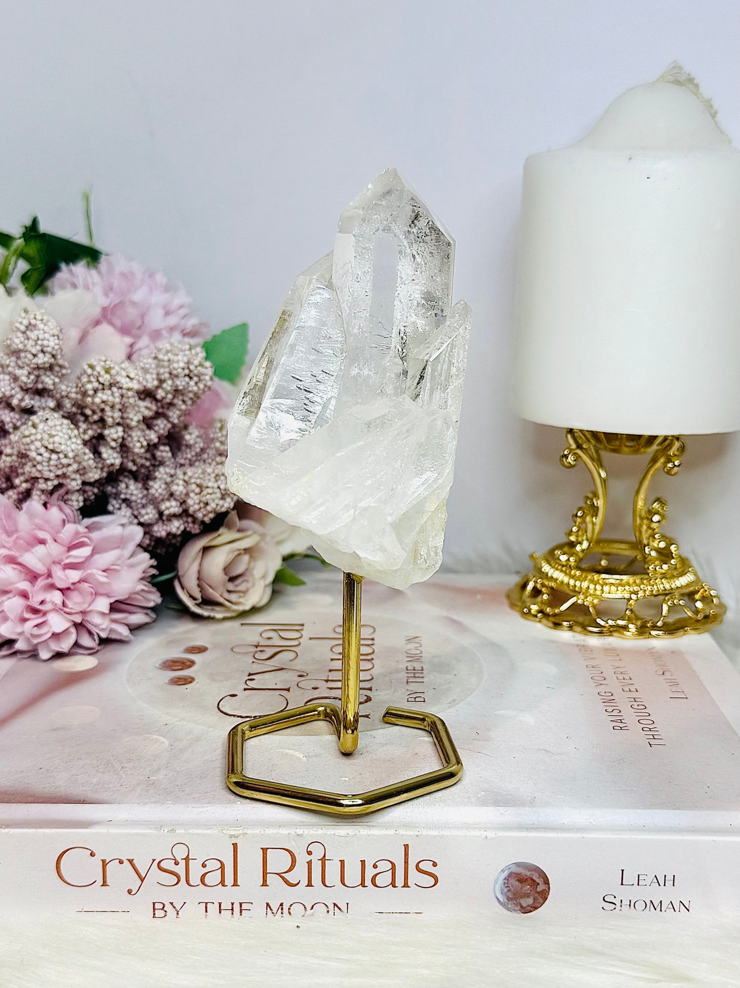 Clear Quartz Cluster on Gold Stand 13cm