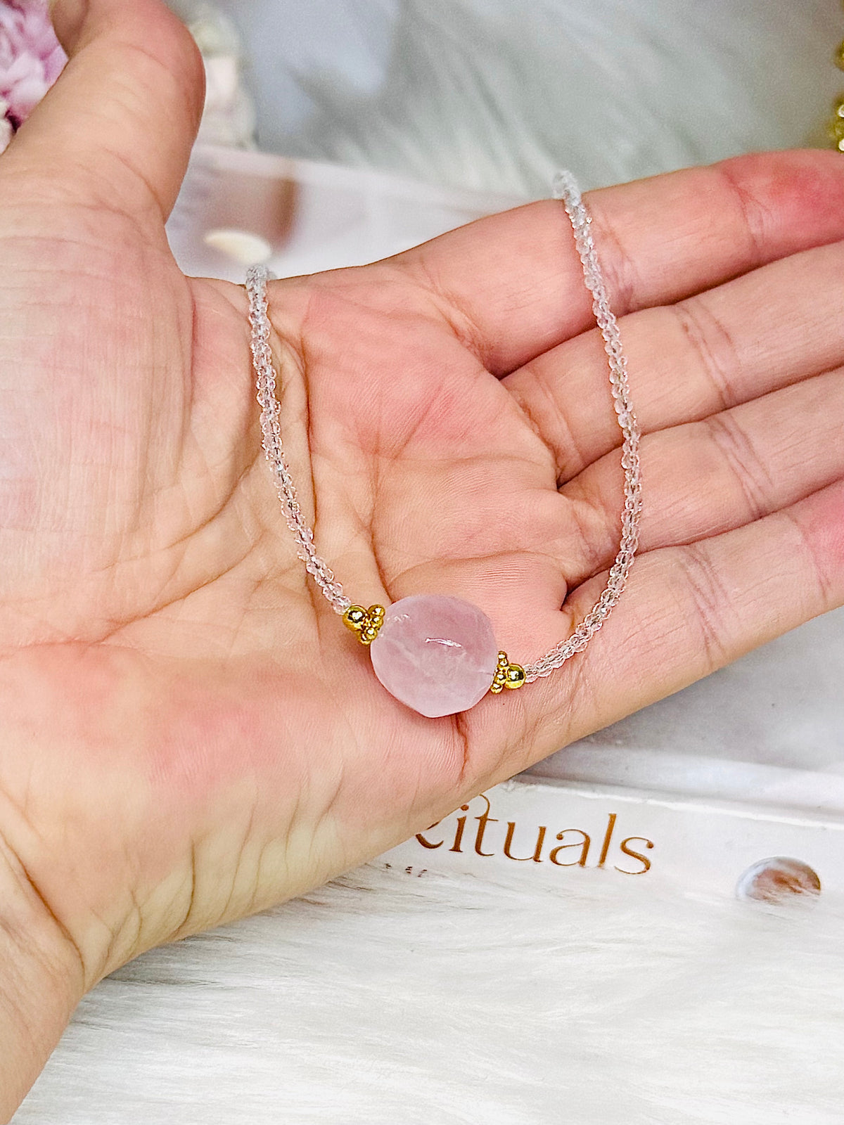 Rose Quartz Beaded Collar Neckband In Gift Bag