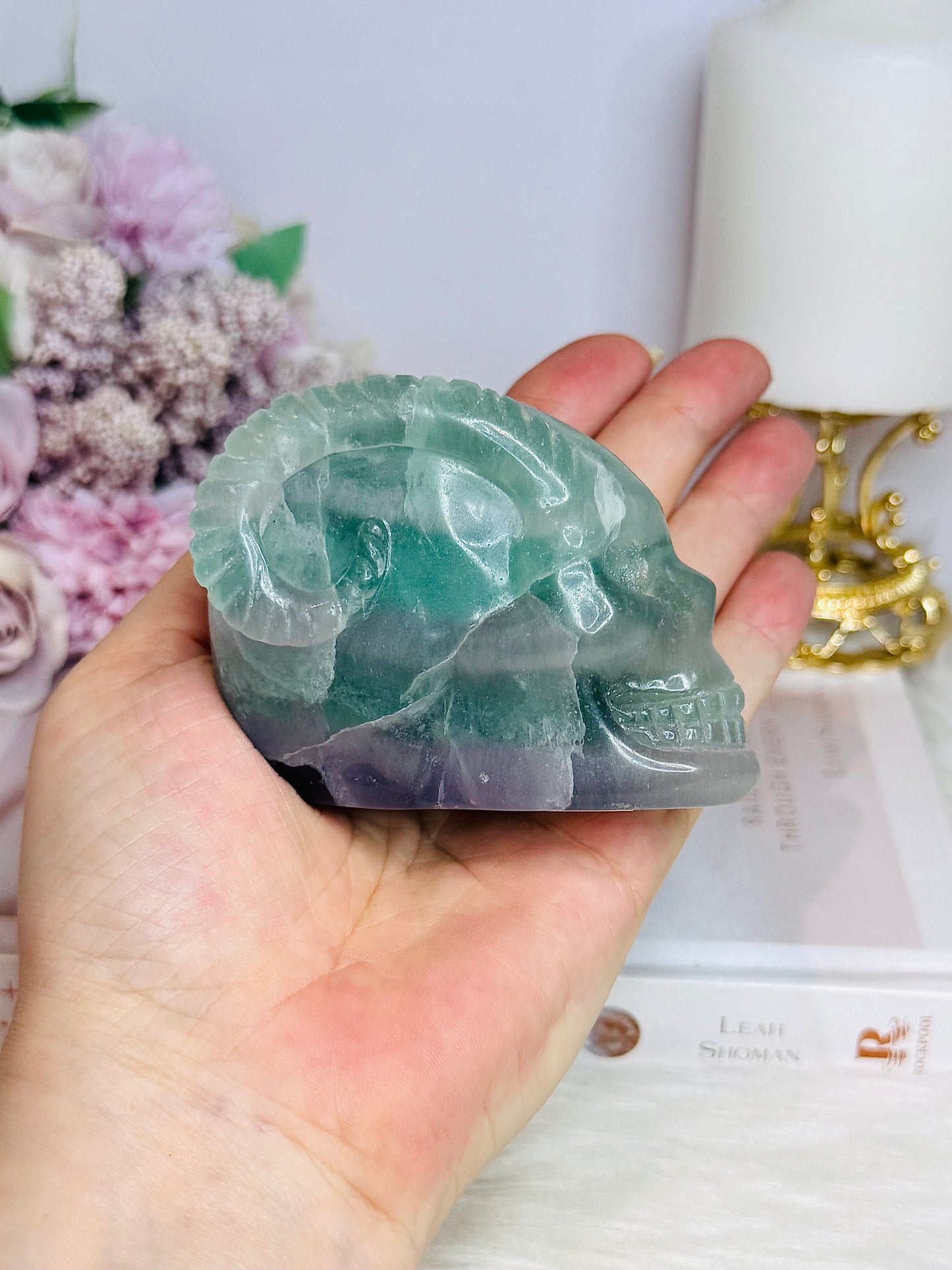Fluorite Skull with Ram Horns 7.5cm 415g