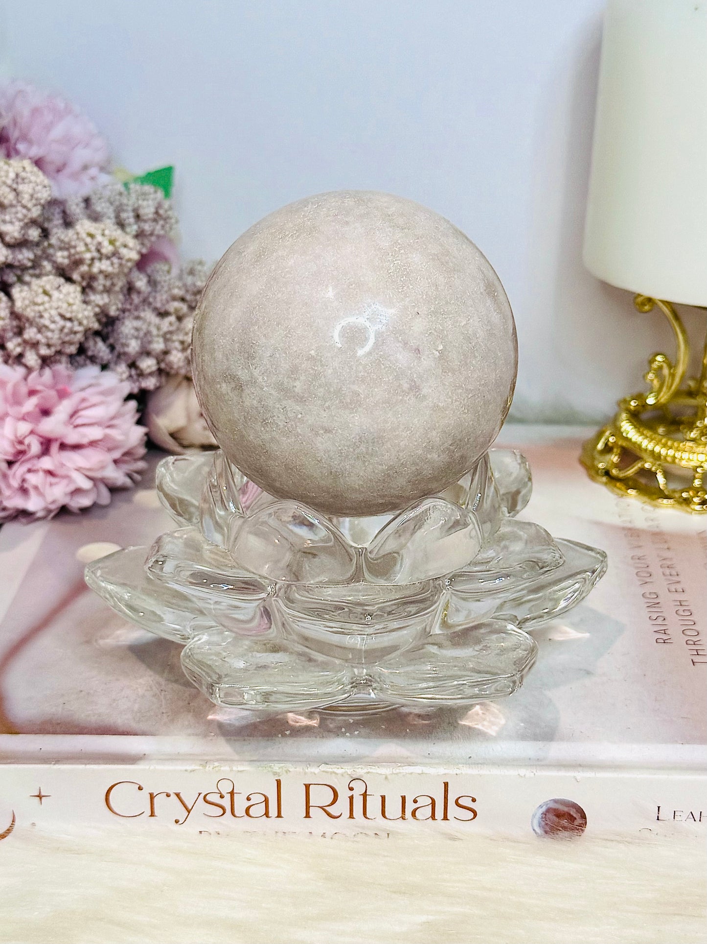 Large Pink Amethyst Sphere on Glass Lotus Stand 780g