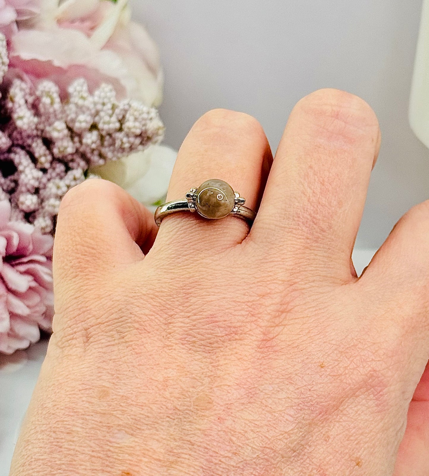 Peach Moonstone Adjustable Ring In Gift Bag