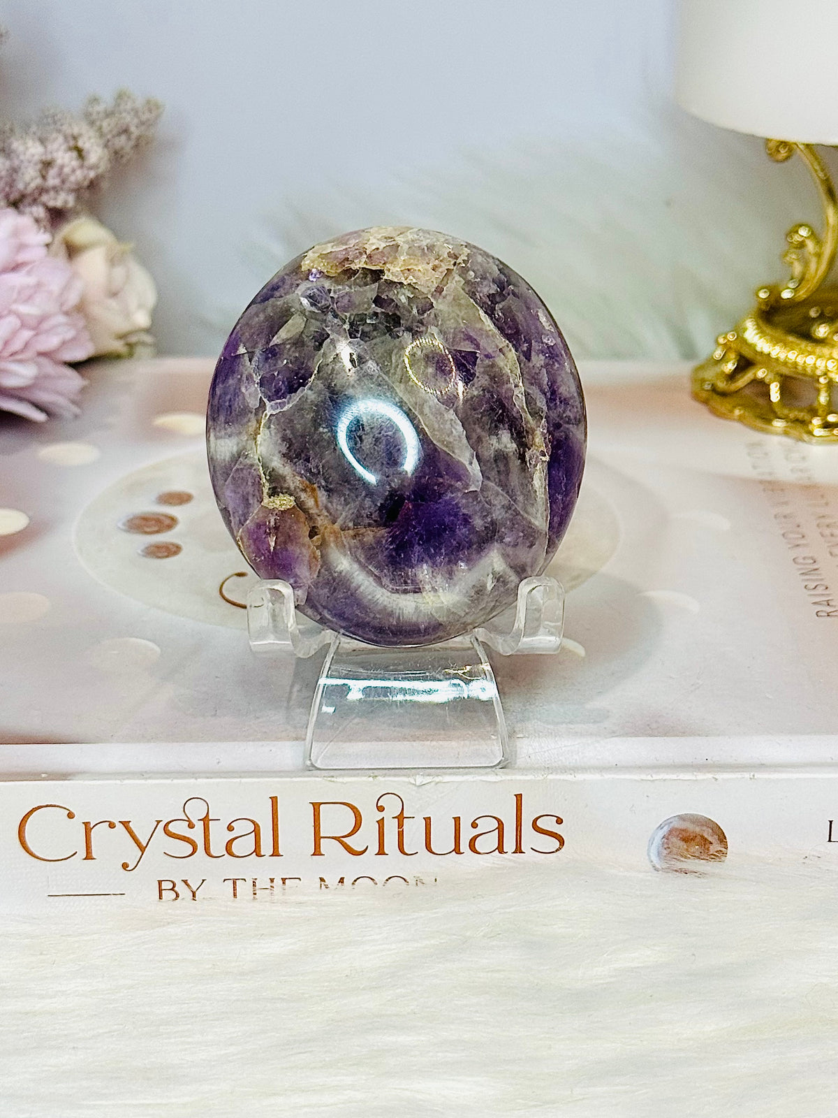 Large Chevron Amethyst Palm Stone (stand is display only)