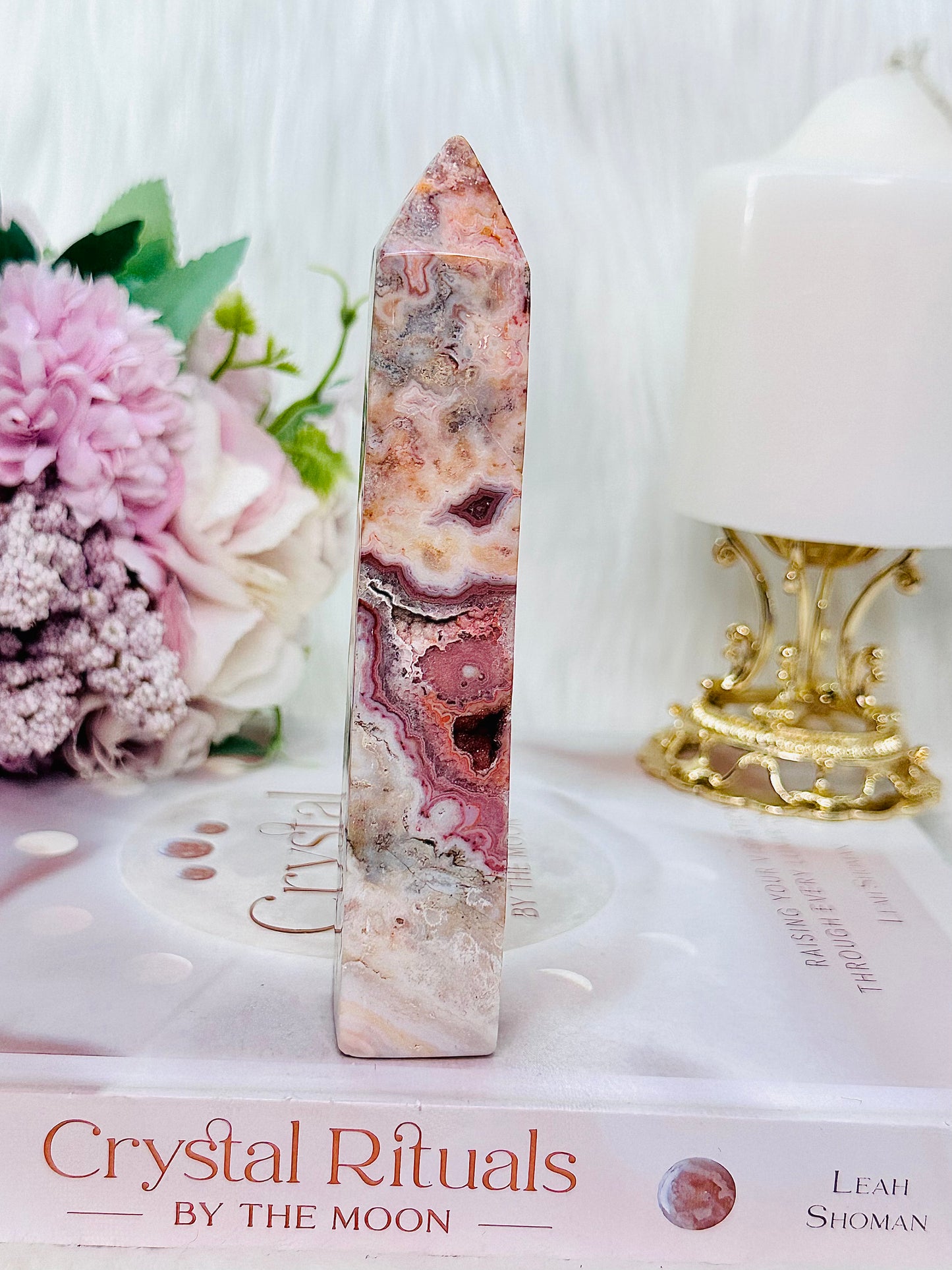 Classy & Fabulous High Grade Gorgeous Pink Druzy Crazy Lace Agate Tower 14cm
