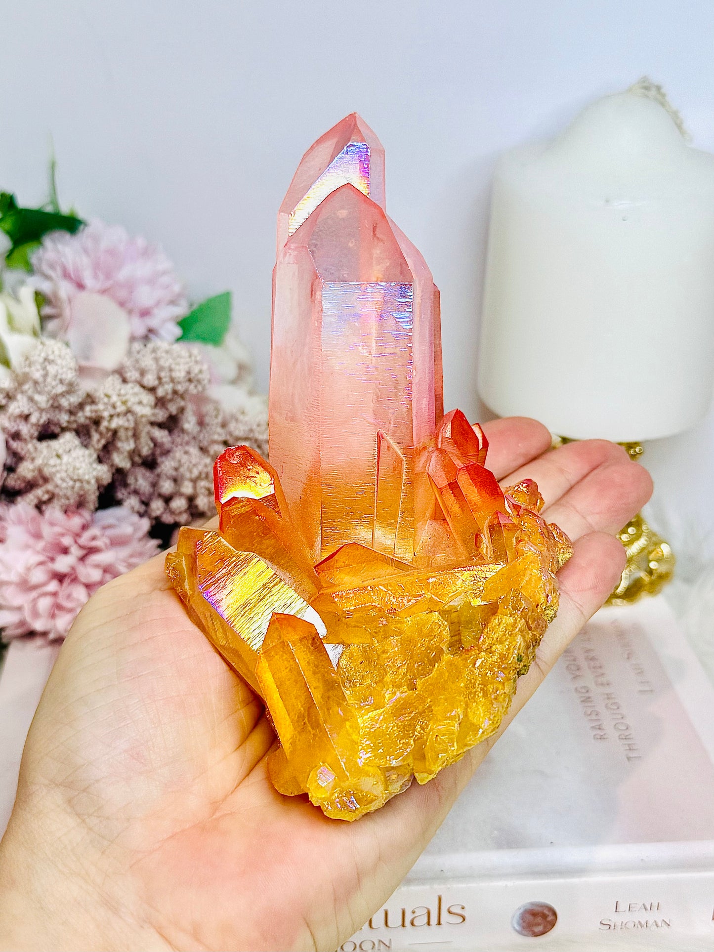 Orange & Pink Coated Angel Aura Quartz Cluster 424g
