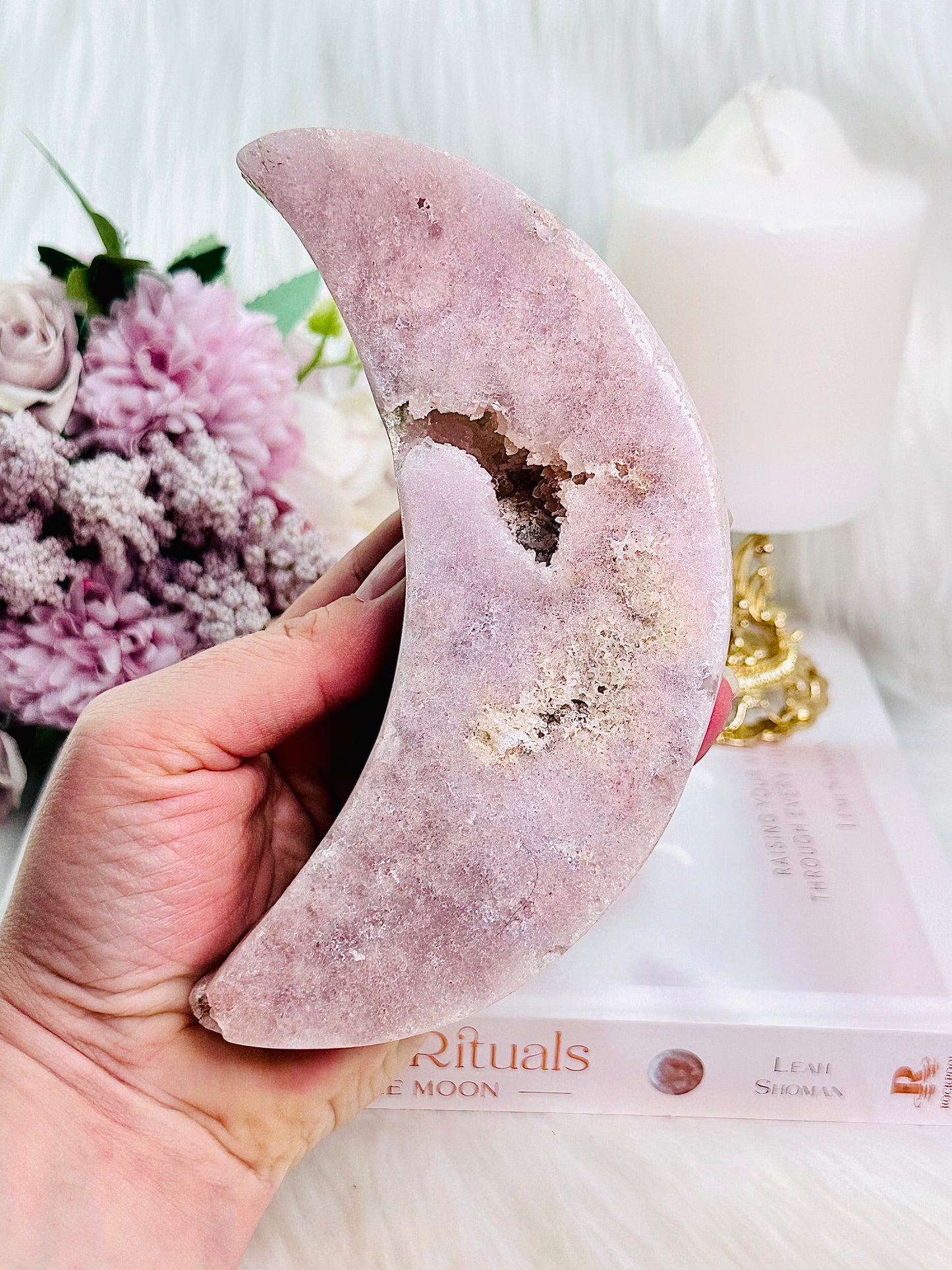 Wow!! Incredible Large Chunky 15cm Druzy Pink Amethyst Carved Moon From Brazil