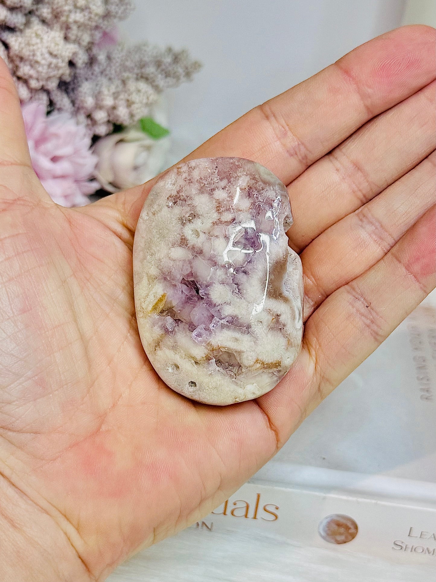 Pink Amethyst Druzy Palm Stone (stand is display only)