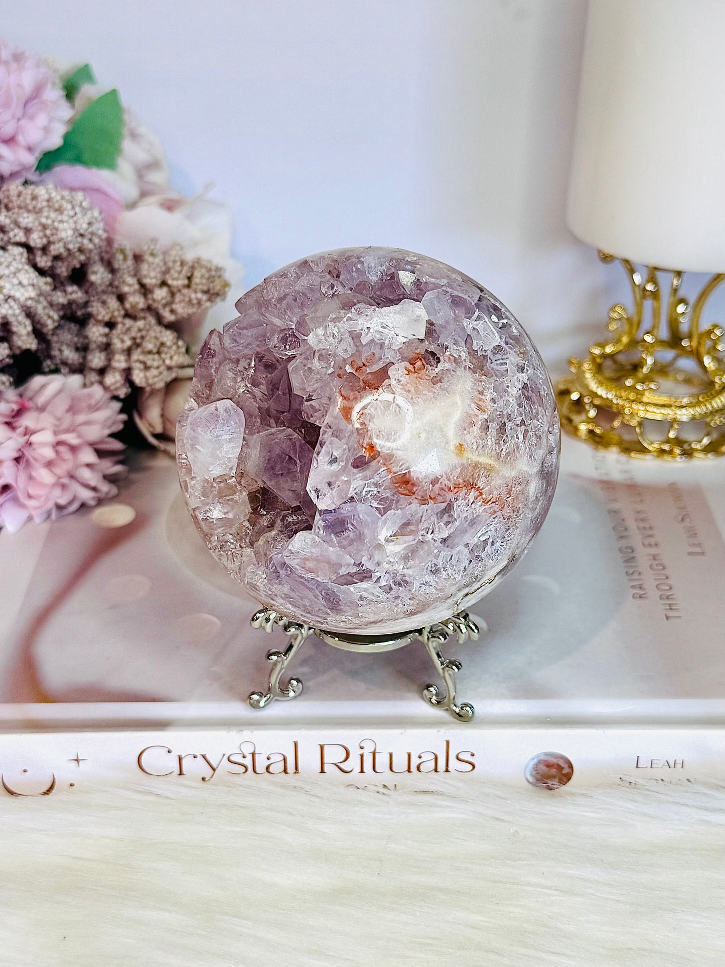 Classy & Fabulous High Grade Pink Amethyst Druzy Sphere On Stand From Brazil 702grams