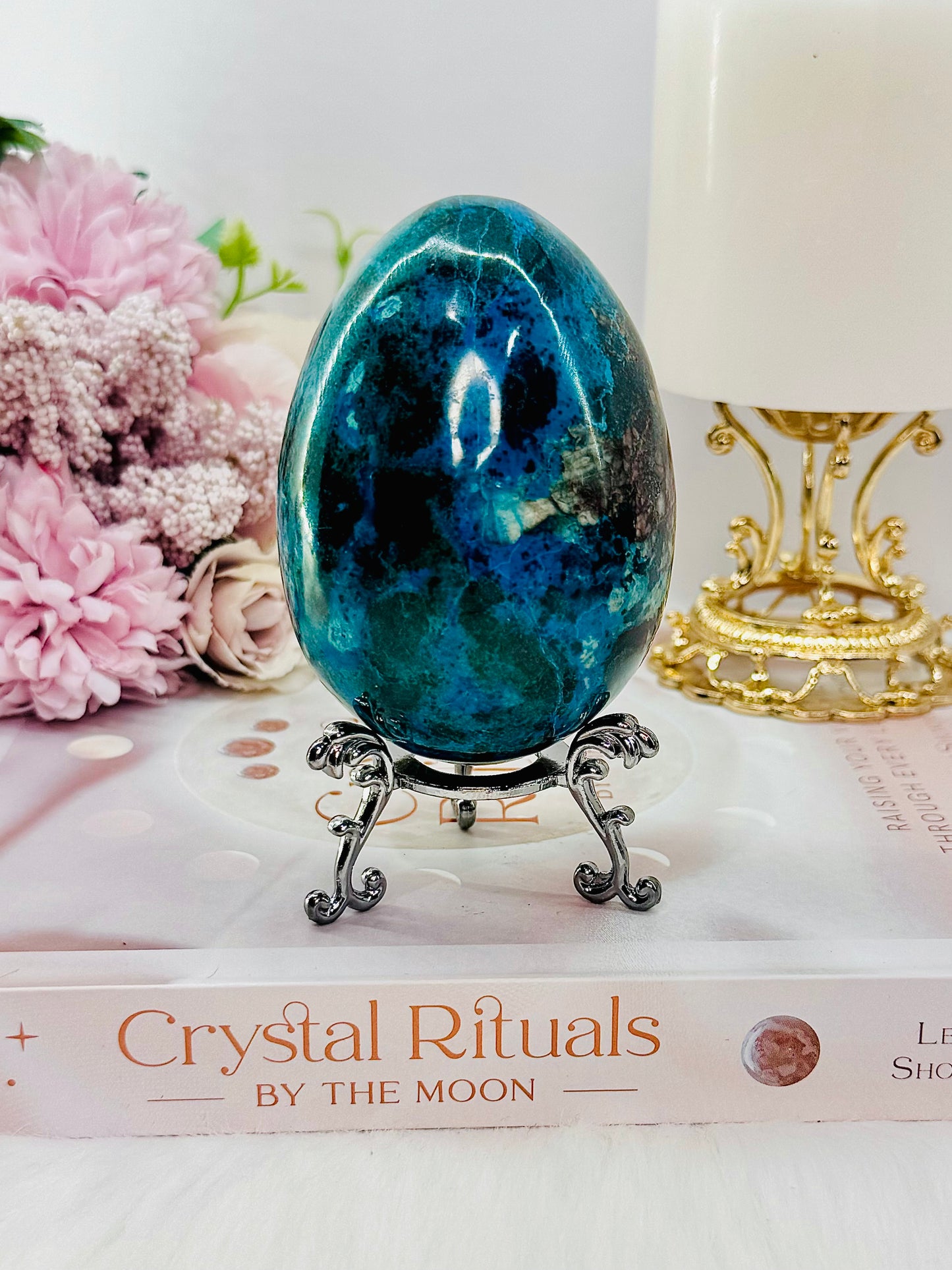 Wow!! Magnificent Large 482gram Chrysocolla Carved & Polished Egg On Stand