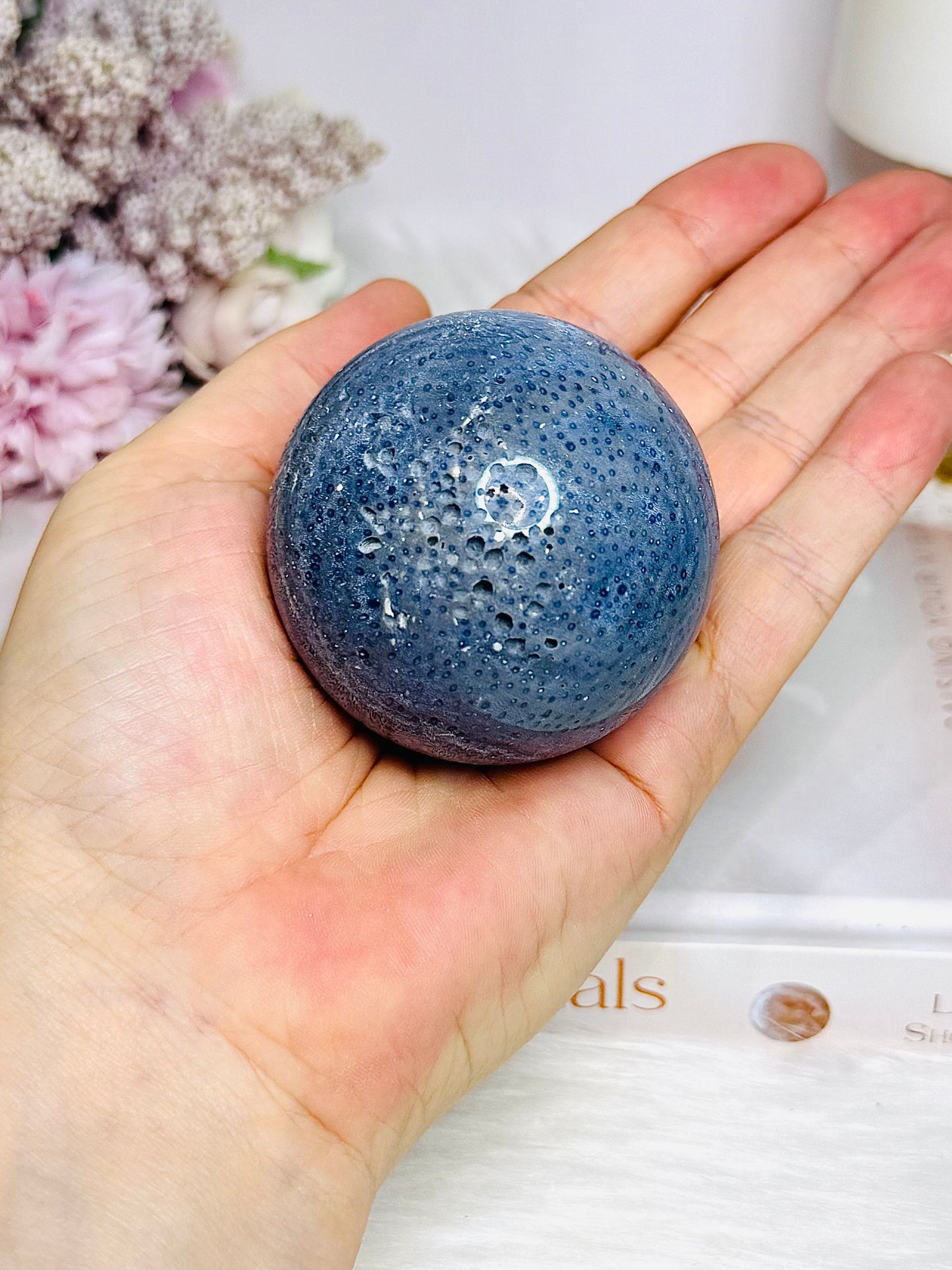 Rare Blue Coral Fossil Sphere on Stand 205g