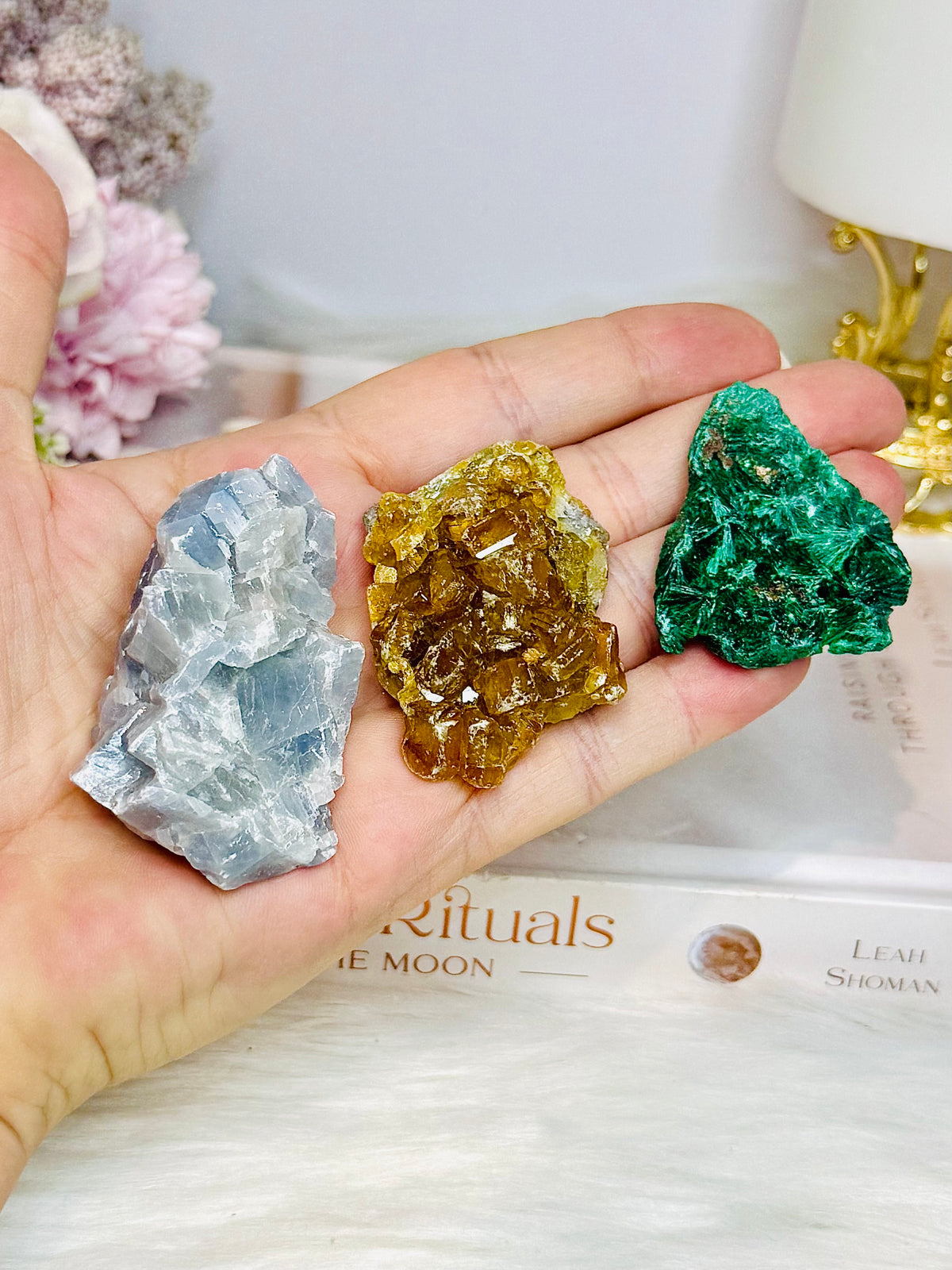 Set of 3 Specimen ~ Blue Calcite, Golden Healer & Velvet Malachite