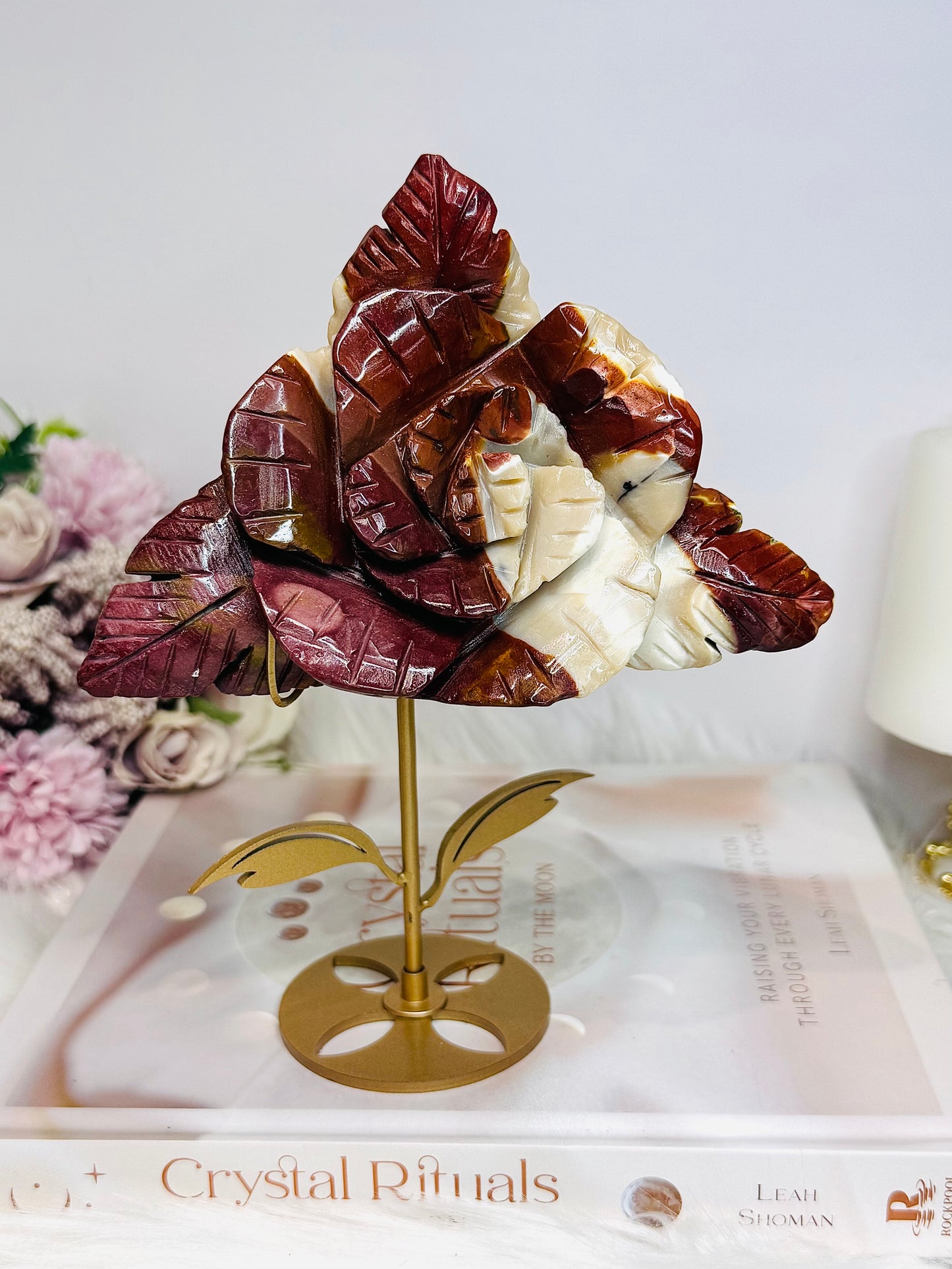 Large Mookaite Jasper Carved Flower on Stand 18cm 428g