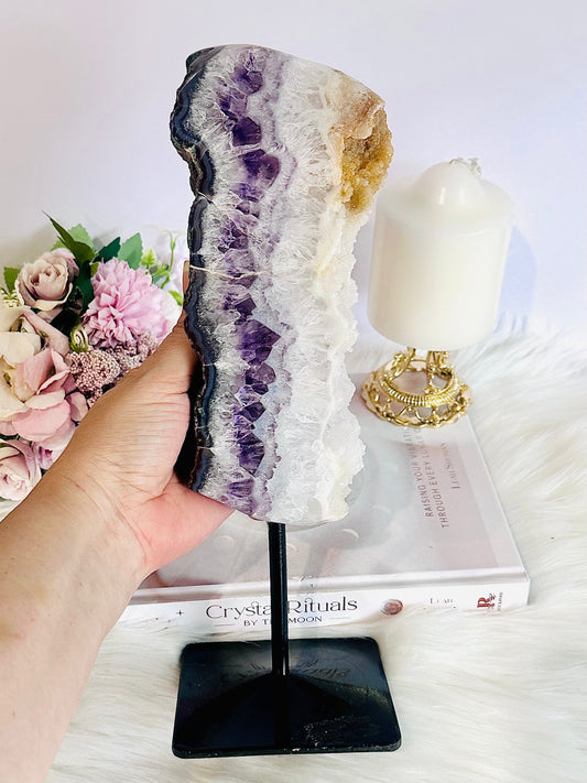 Divine Tall Large 1.34Gram 30cm Sparkling Sugar Druzy Amethyst Chunky Slice On Stand From Brazil