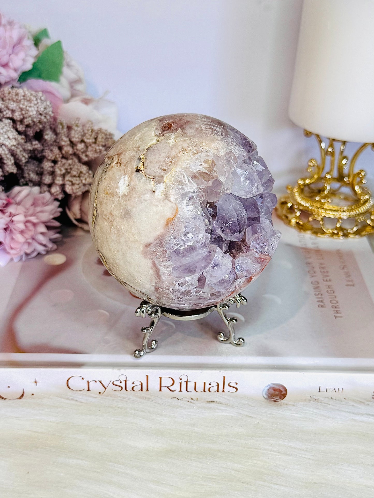 Classy & Fabulous High Grade Pink Amethyst Druzy Sphere On Stand From Brazil 702grams