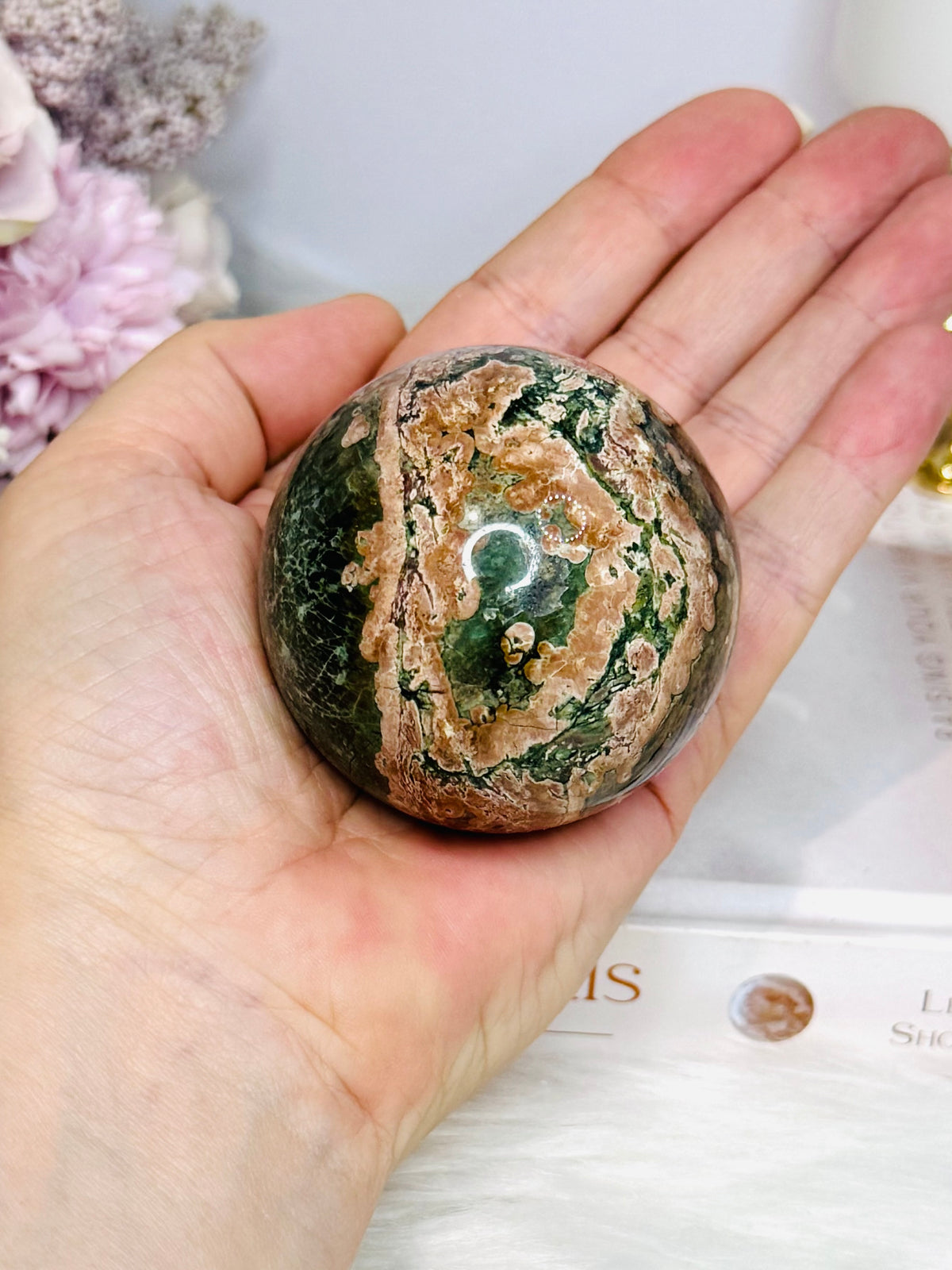 High Grade Green Sakura Flower Agate Sphere on Stand 231g