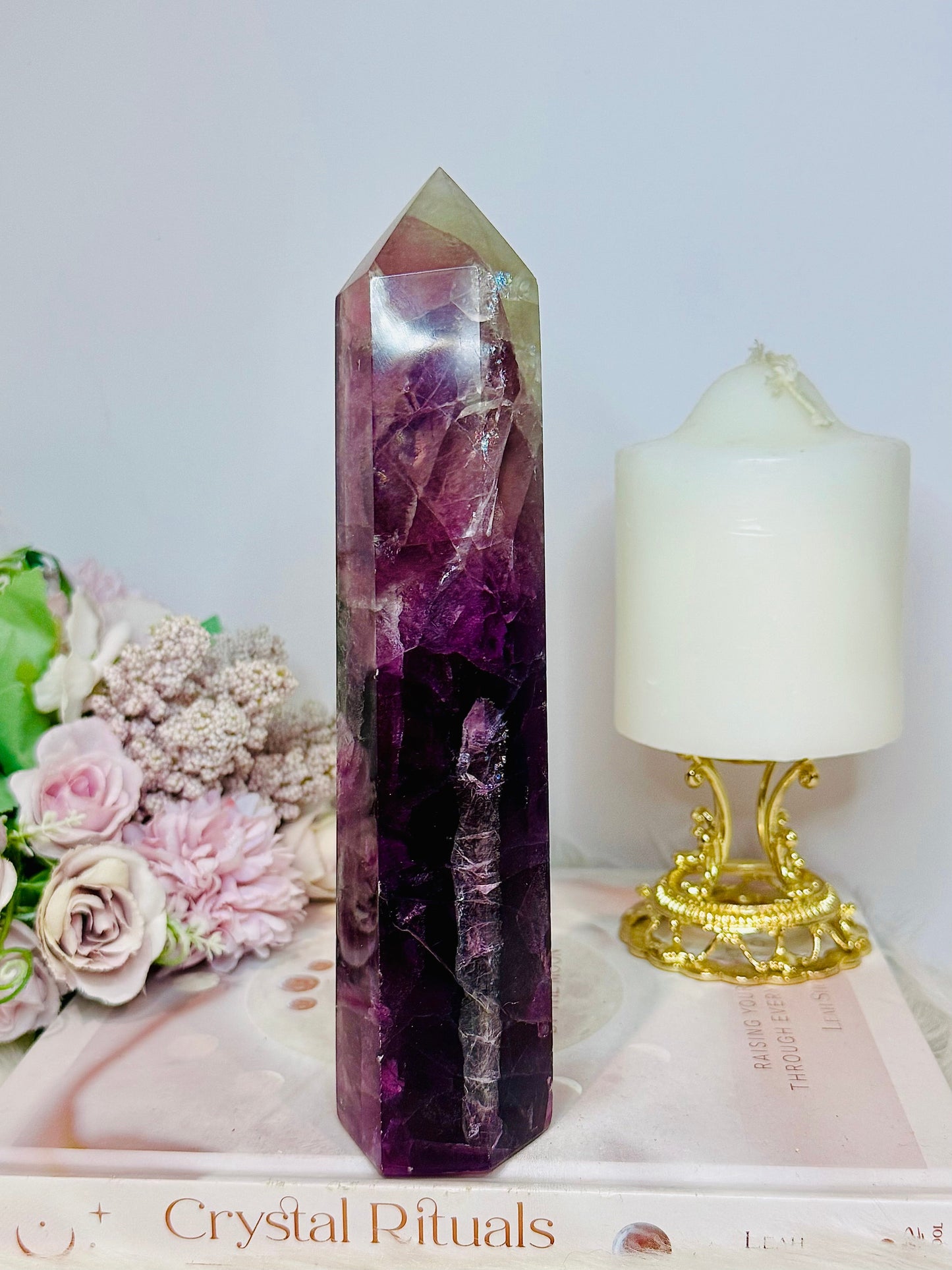 Purple Fluorite Tower with Rainbows (the tower has a slight tilt) 20cm