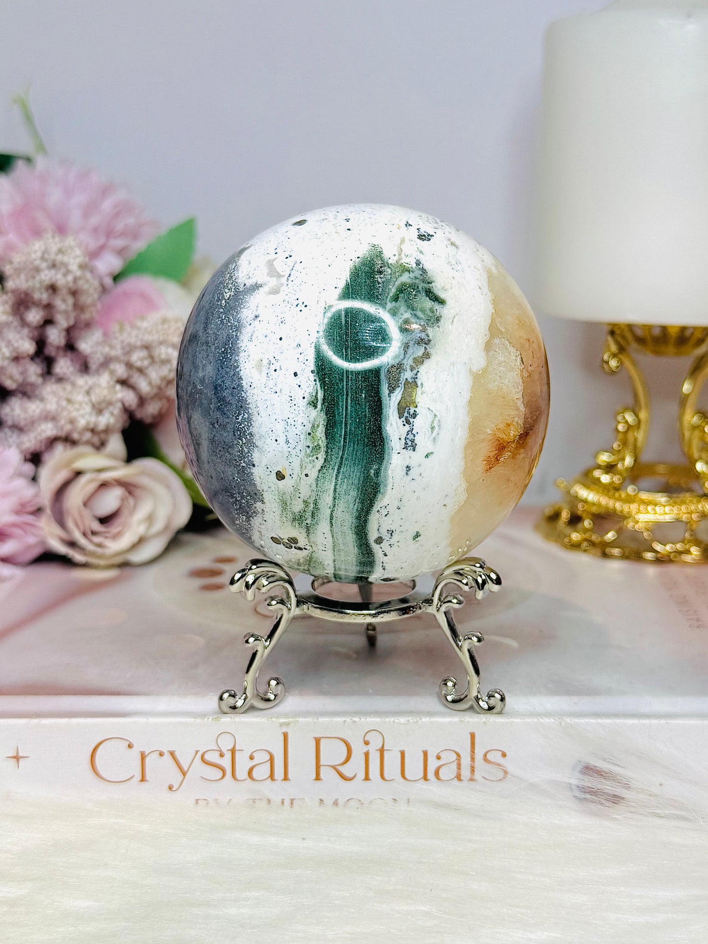 Large Ocean Jasper Sphere on Stand 489g