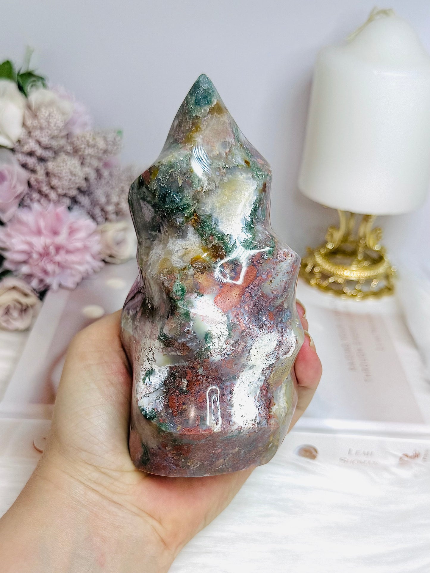 Large Ocean Jasper Carved Flame 14cm 706g