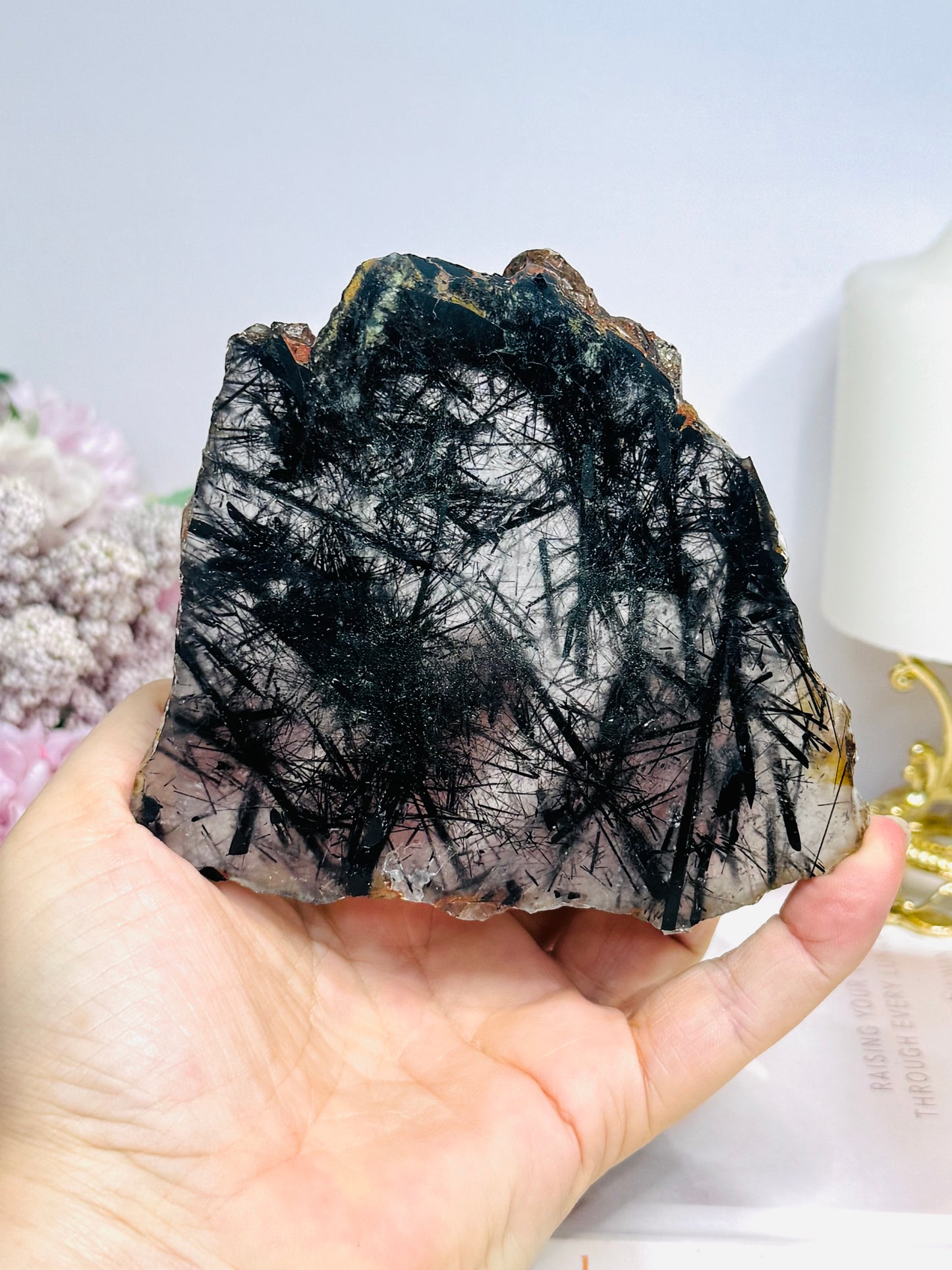 Black Tourmaline in Quartz Slab on Stand 11cm