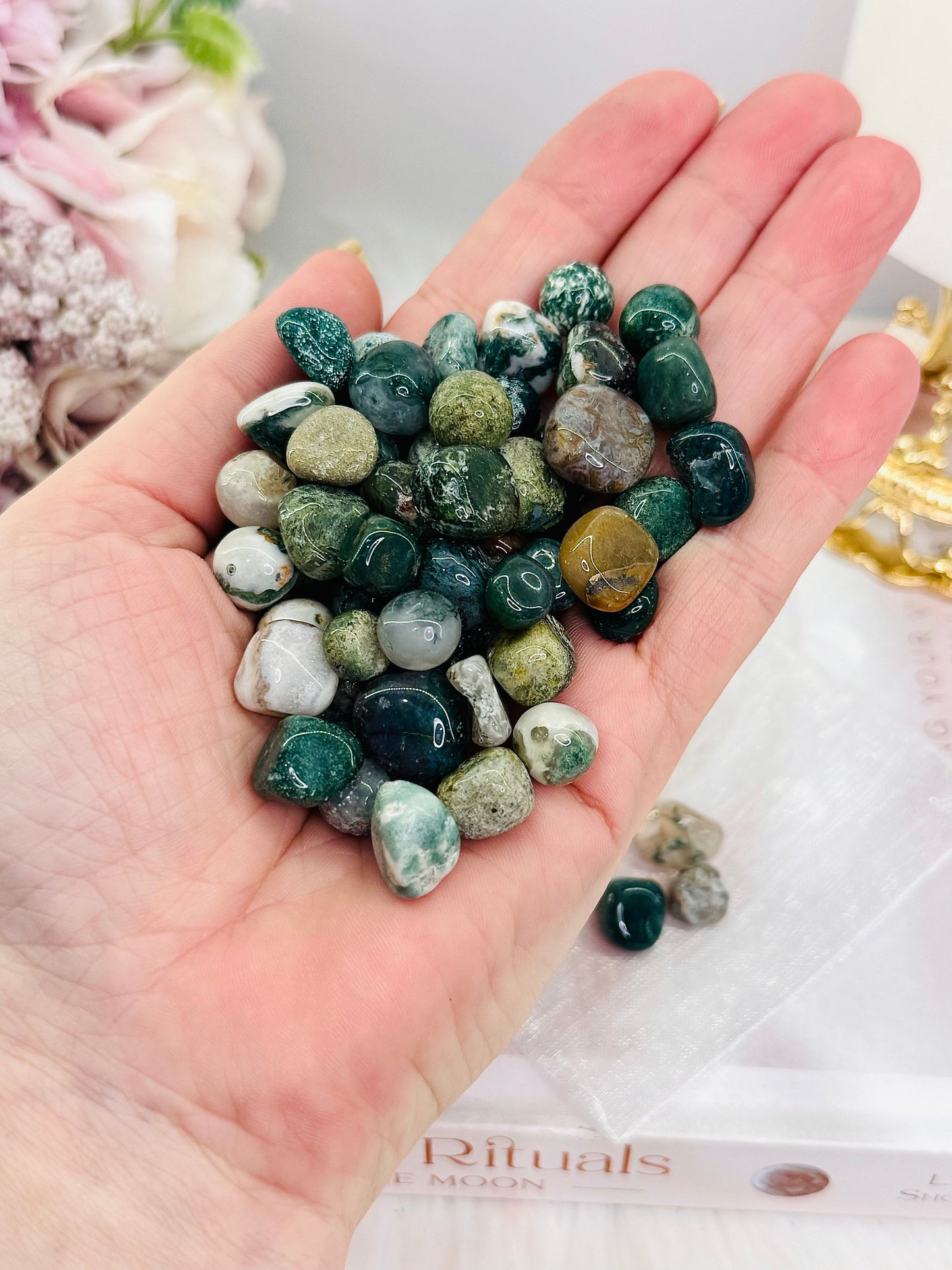 Stunning Moss Agate Small Tumbles In Organza Gift Bag