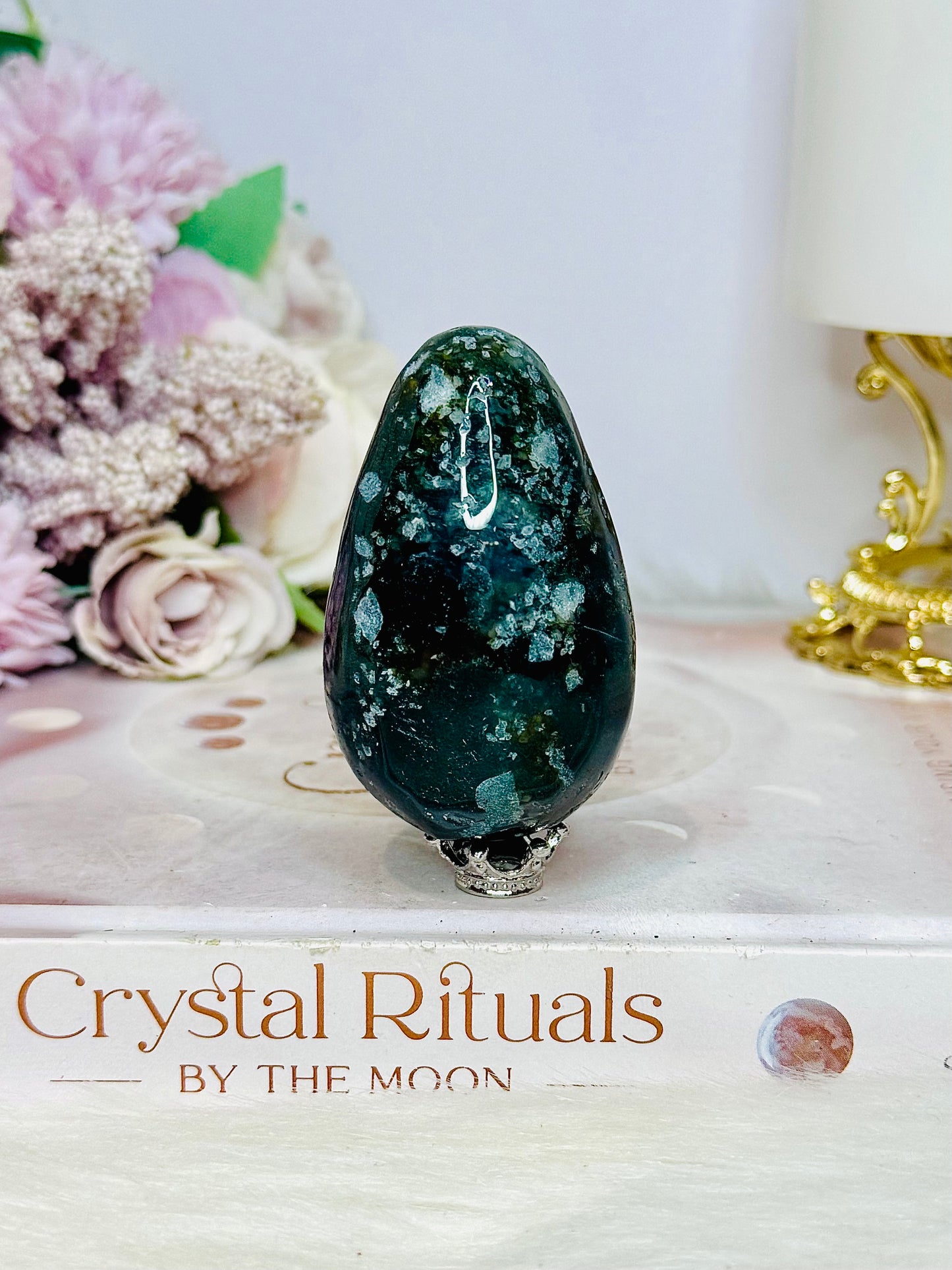 Moss Agate Carved Egg On Stand 7cm