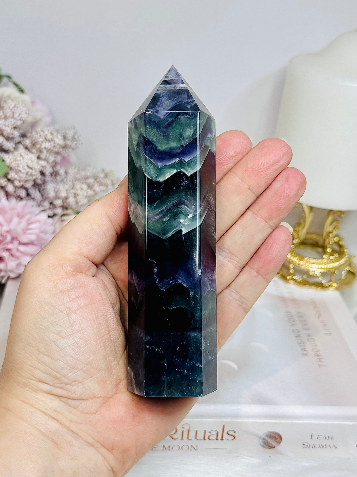 High Grade Rainbow Fluorite Tower 345g 13cm