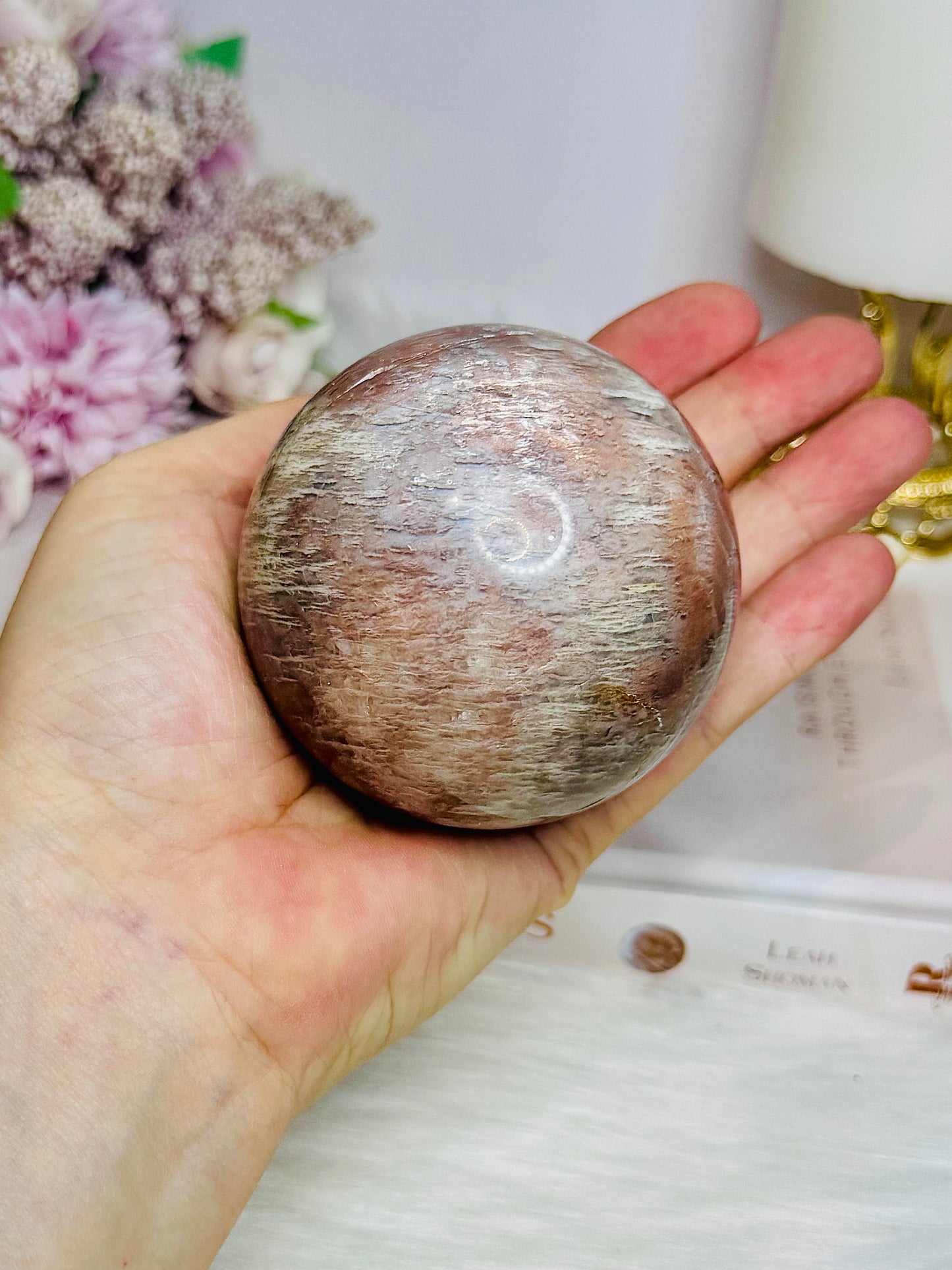 Shimmering Large Sunstone with Moonstone Sphere on Stand 433g