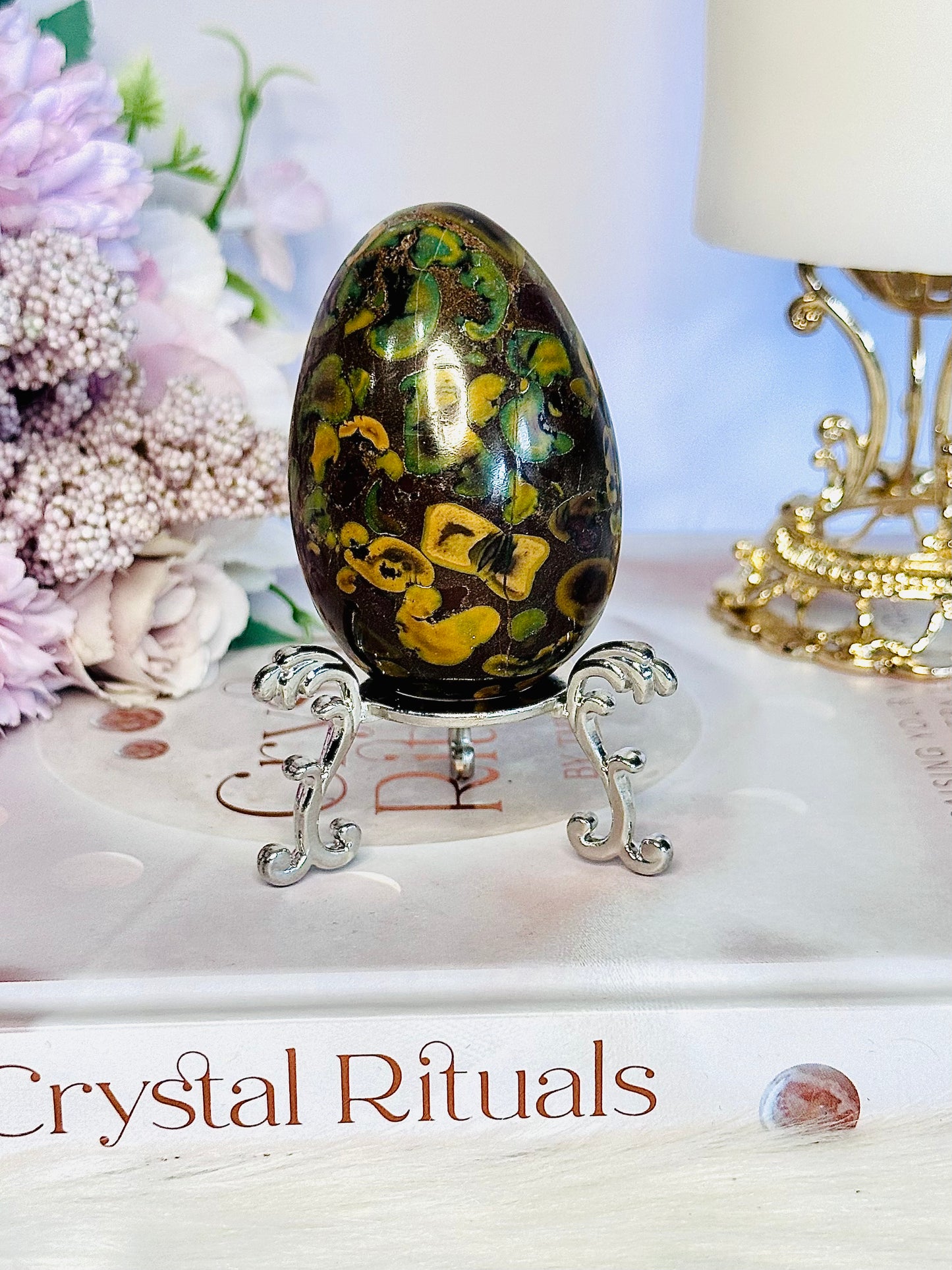 Unique & Stunning 8cm On Stand Green & Yellow Fruit Jasper Carved Egg