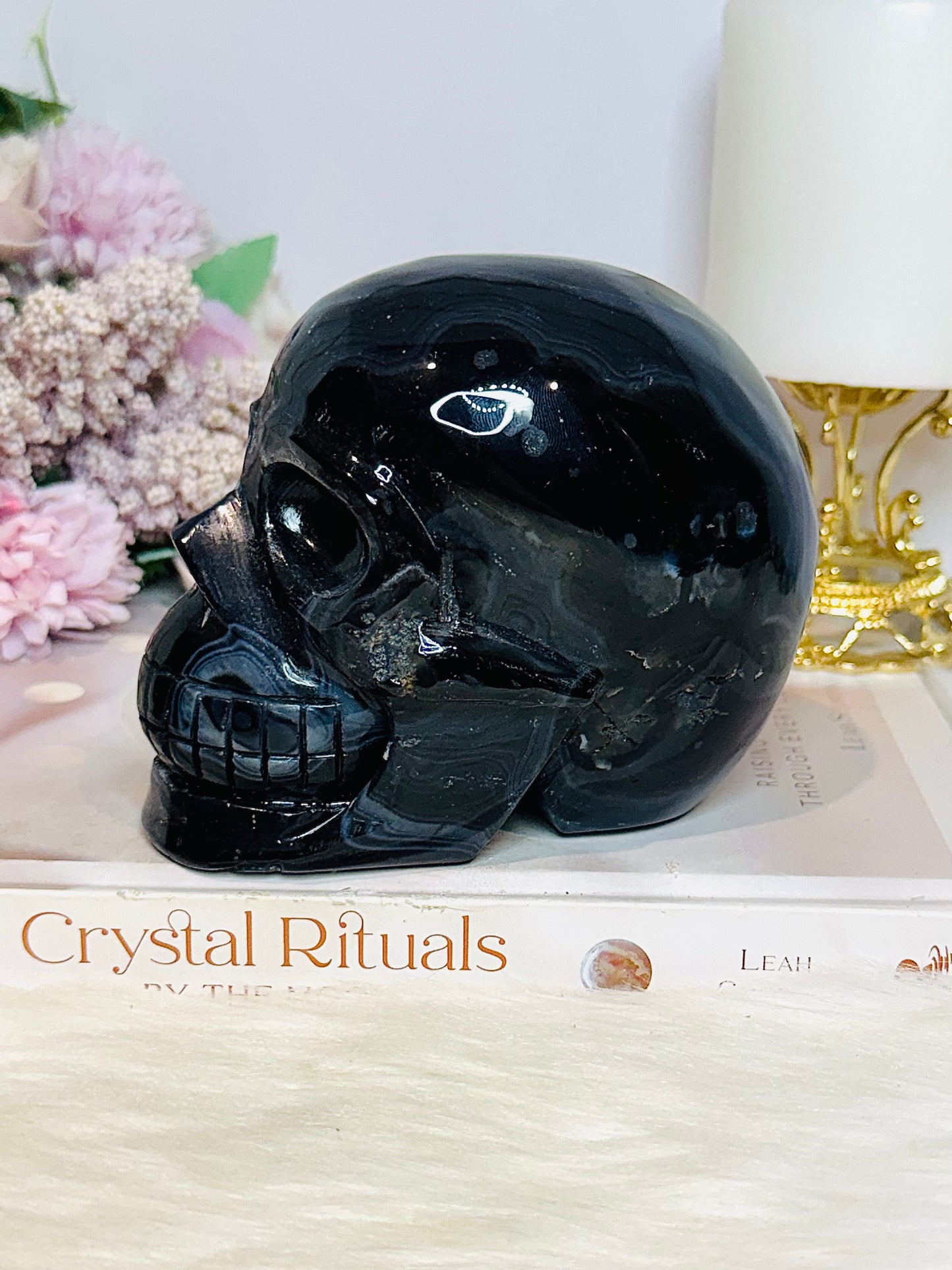 Huge Black Agate Carved Skull 11.5cm 1.24KG