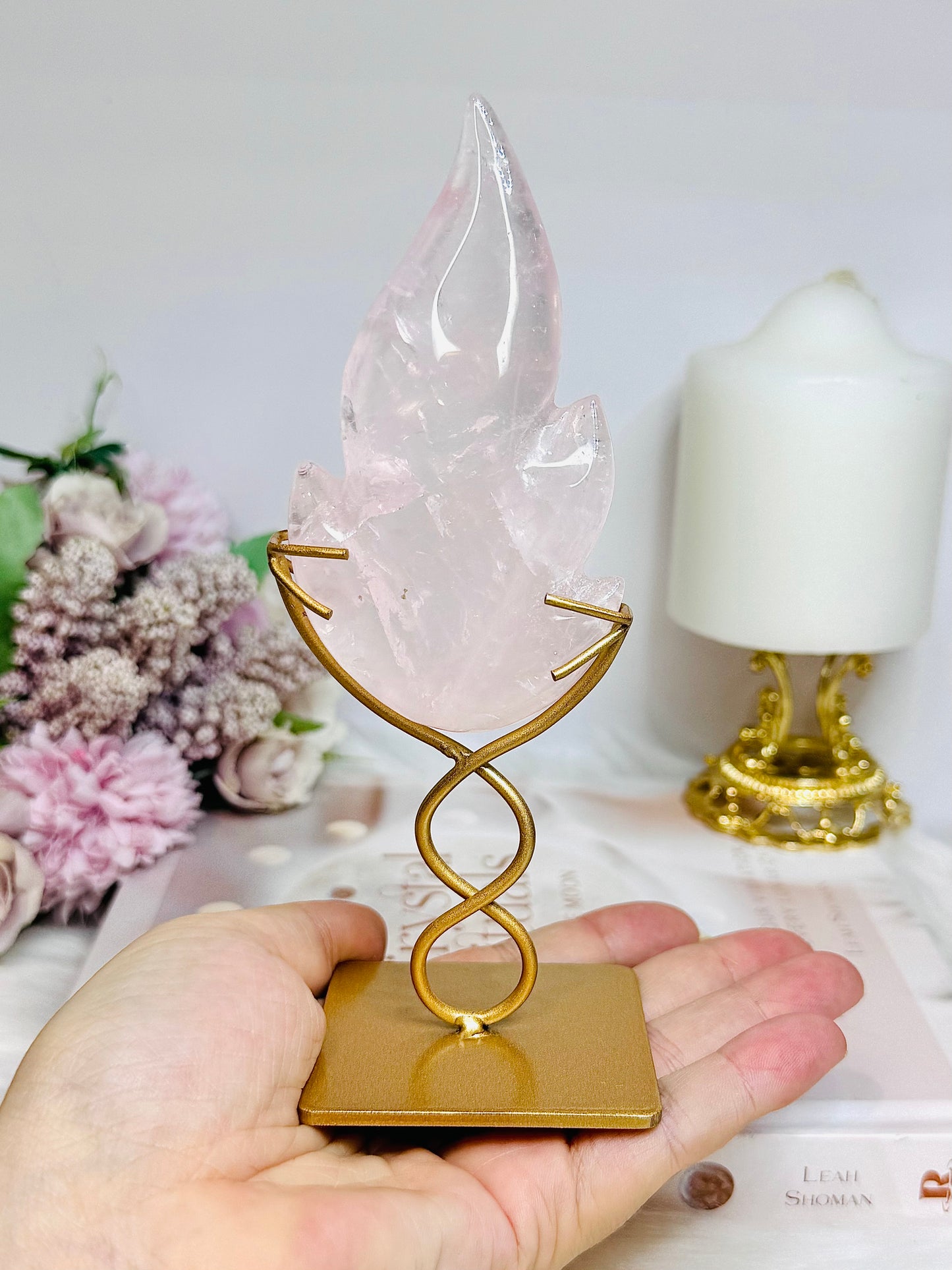 Rose Quartz Flame on Gold Stand 16cm