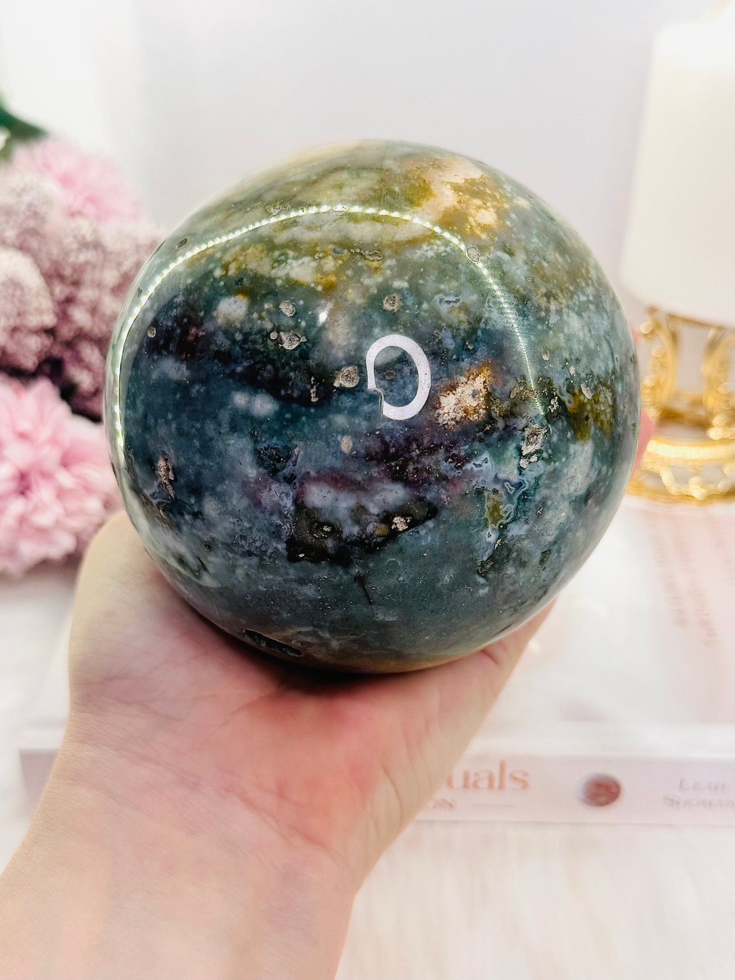 Divine Huge 1.43KG Natural Ocean Jasper Druzy Sphere On Stand