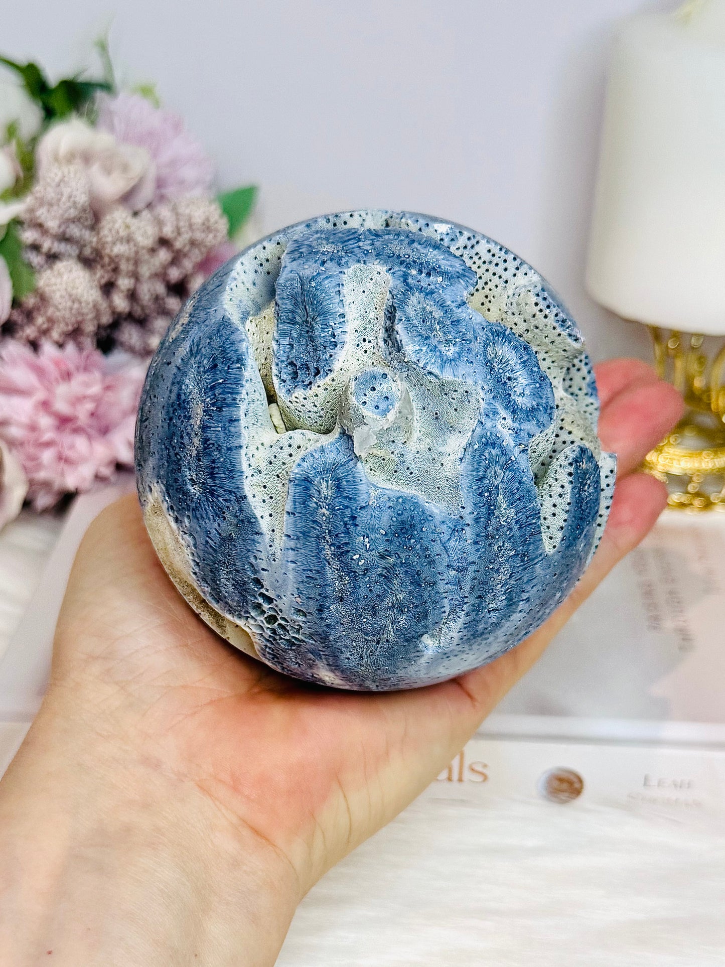 Rare Natural Large Blue Coral Fossil Sphere 732g